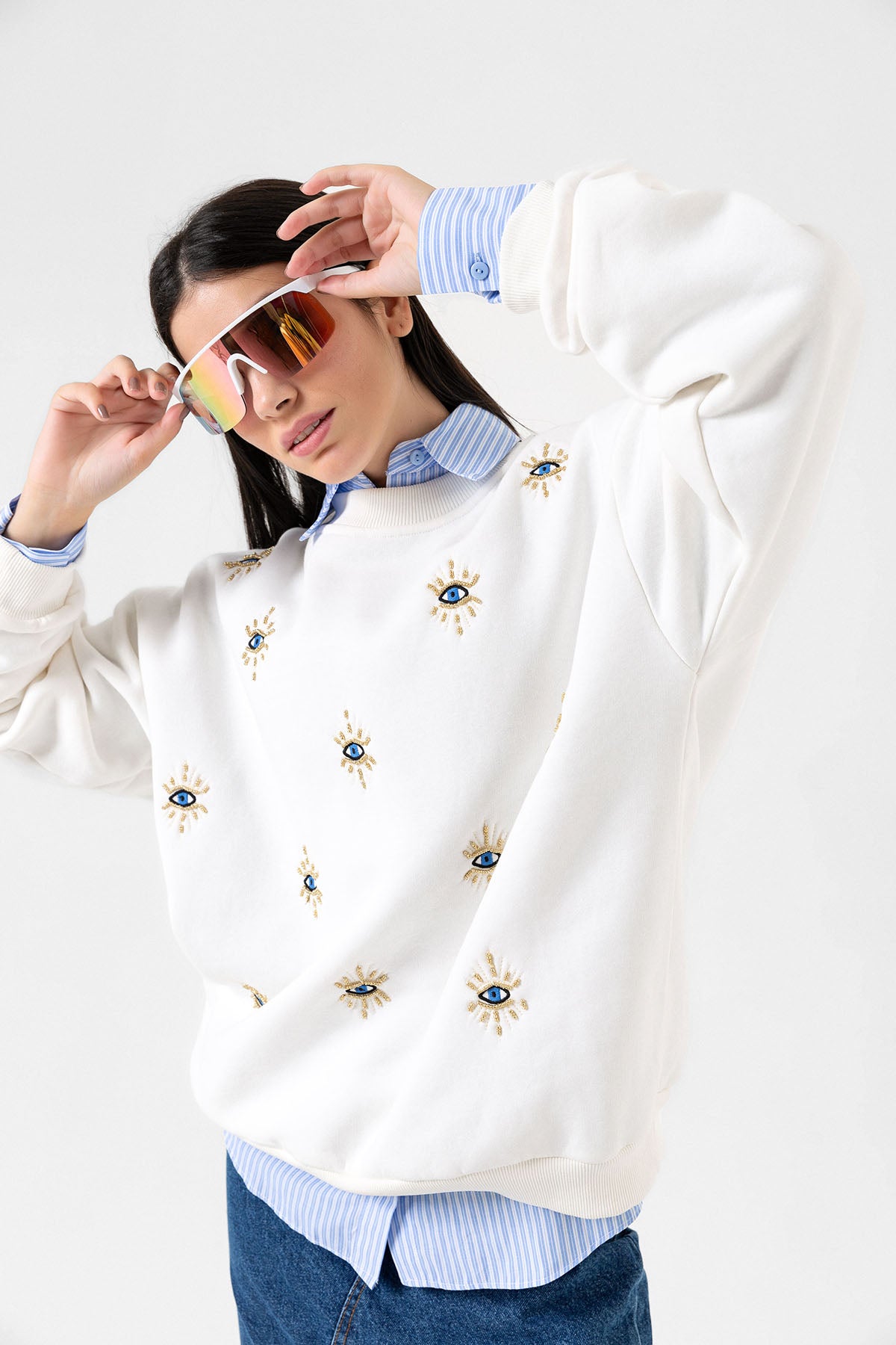 3 iplik şardonlu nazar bocuğu göz nakışlı kadın sweatshirt