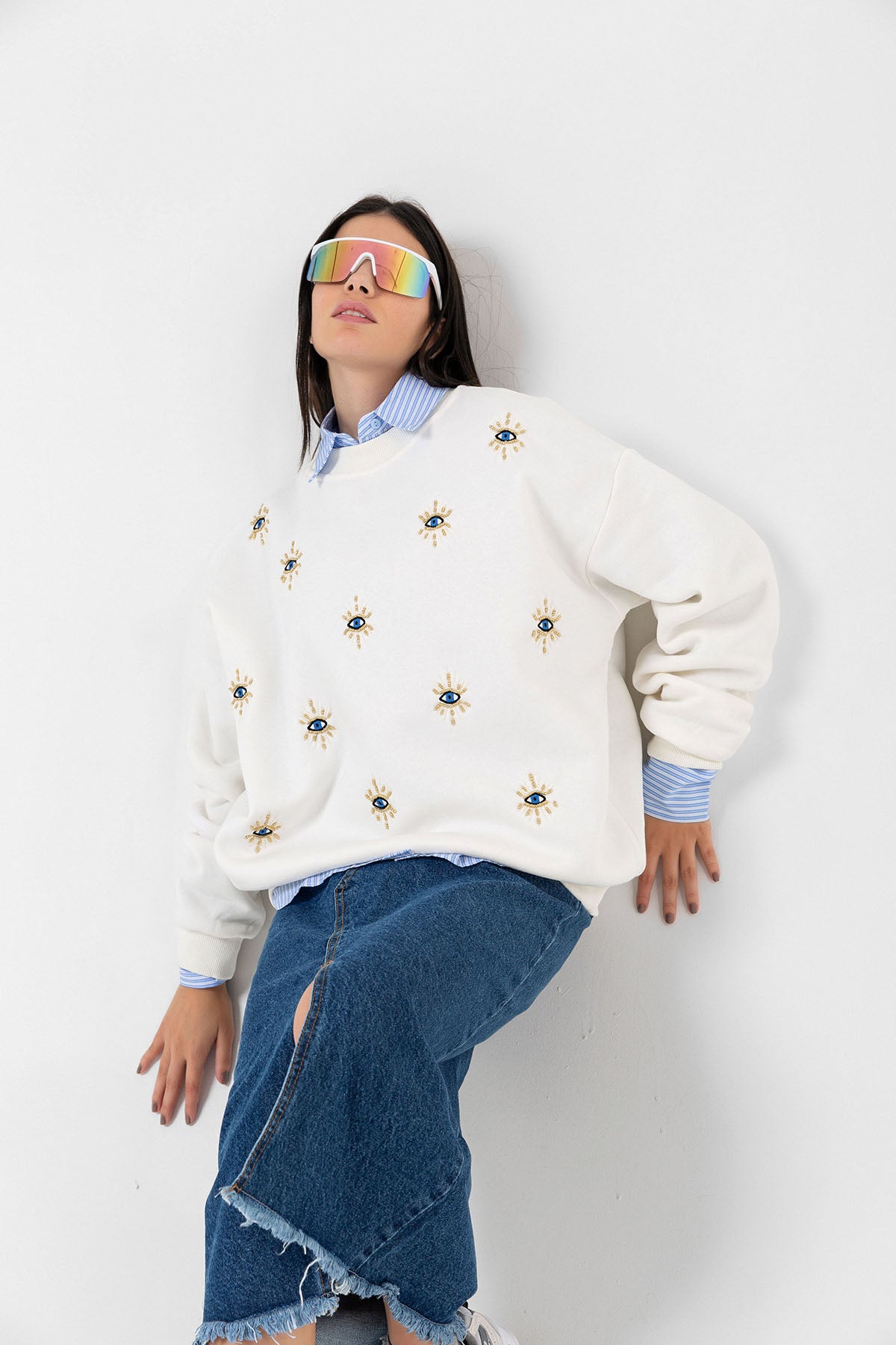 3 iplik şardonlu nazar bocuğu göz nakışlı kadın sweatshirt