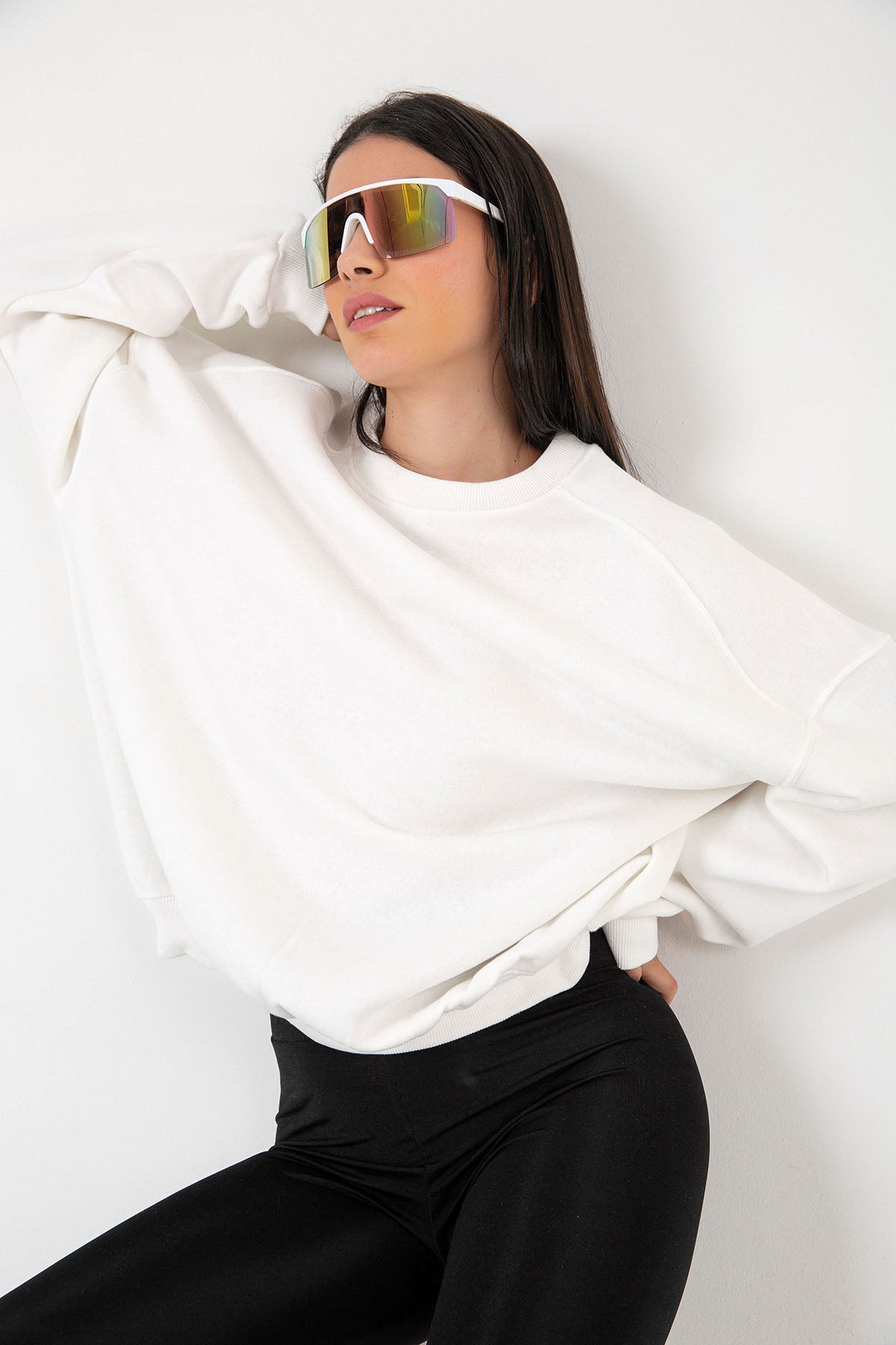 3 iplik şardonlu oversize düşük omuz pamuklu kadın sweatshirt