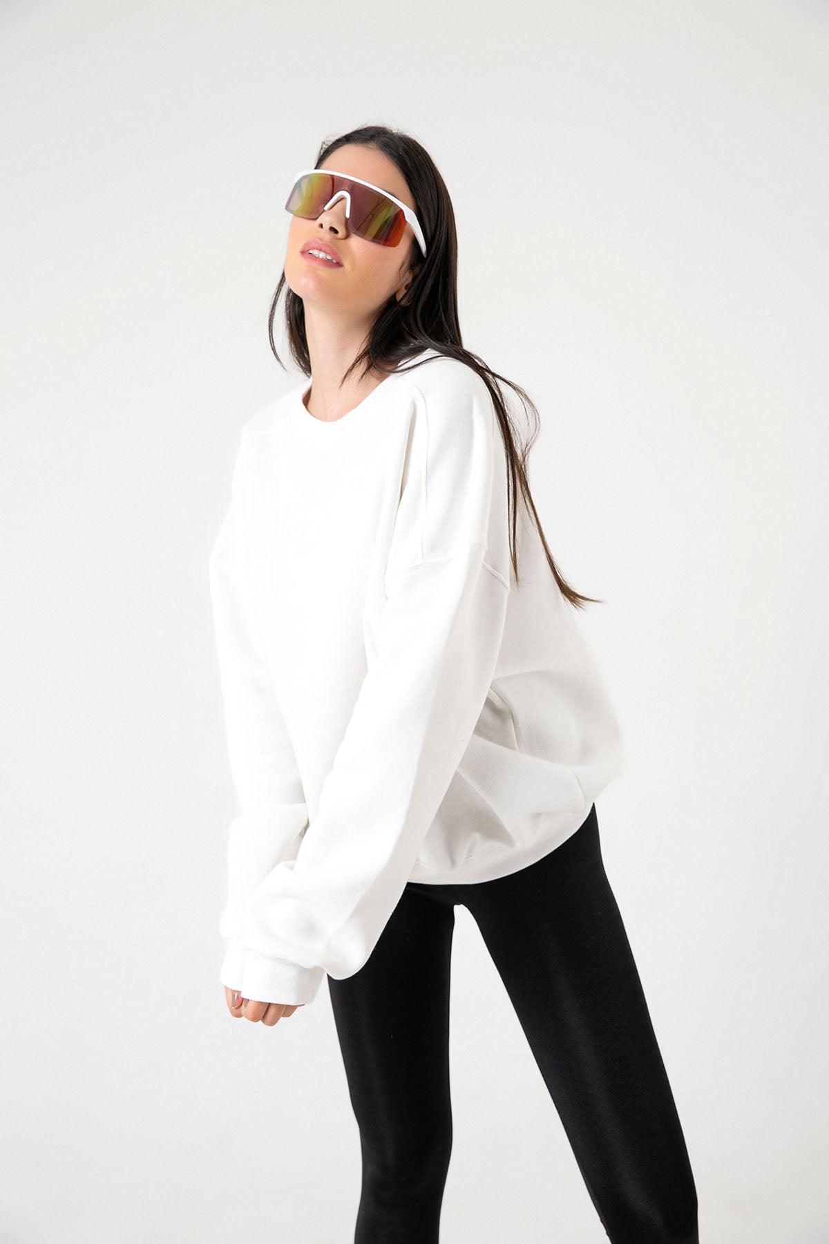 3 iplik şardonlu oversize düşük omuz pamuklu kadın sweatshirt