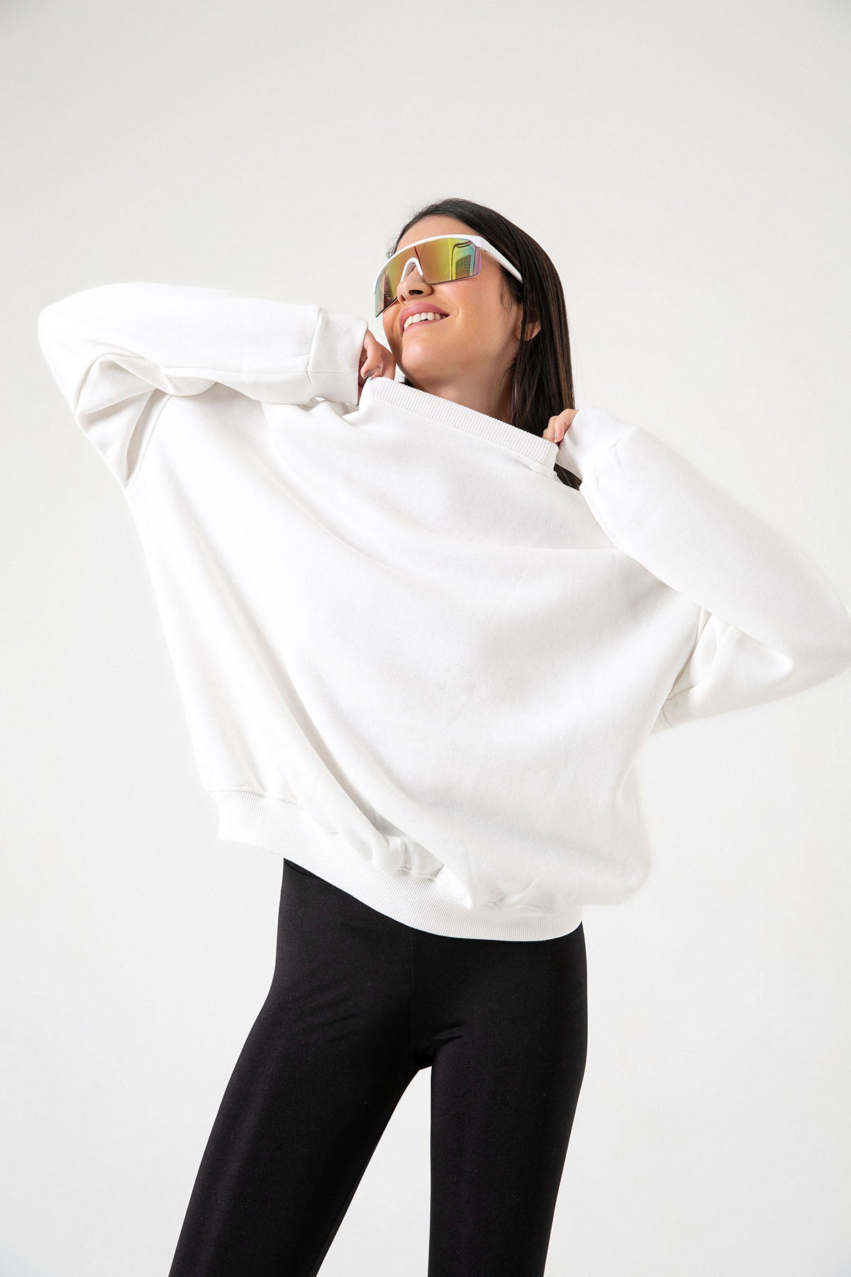 3 iplik şardonlu oversize düşük omuz pamuklu kadın sweatshirt