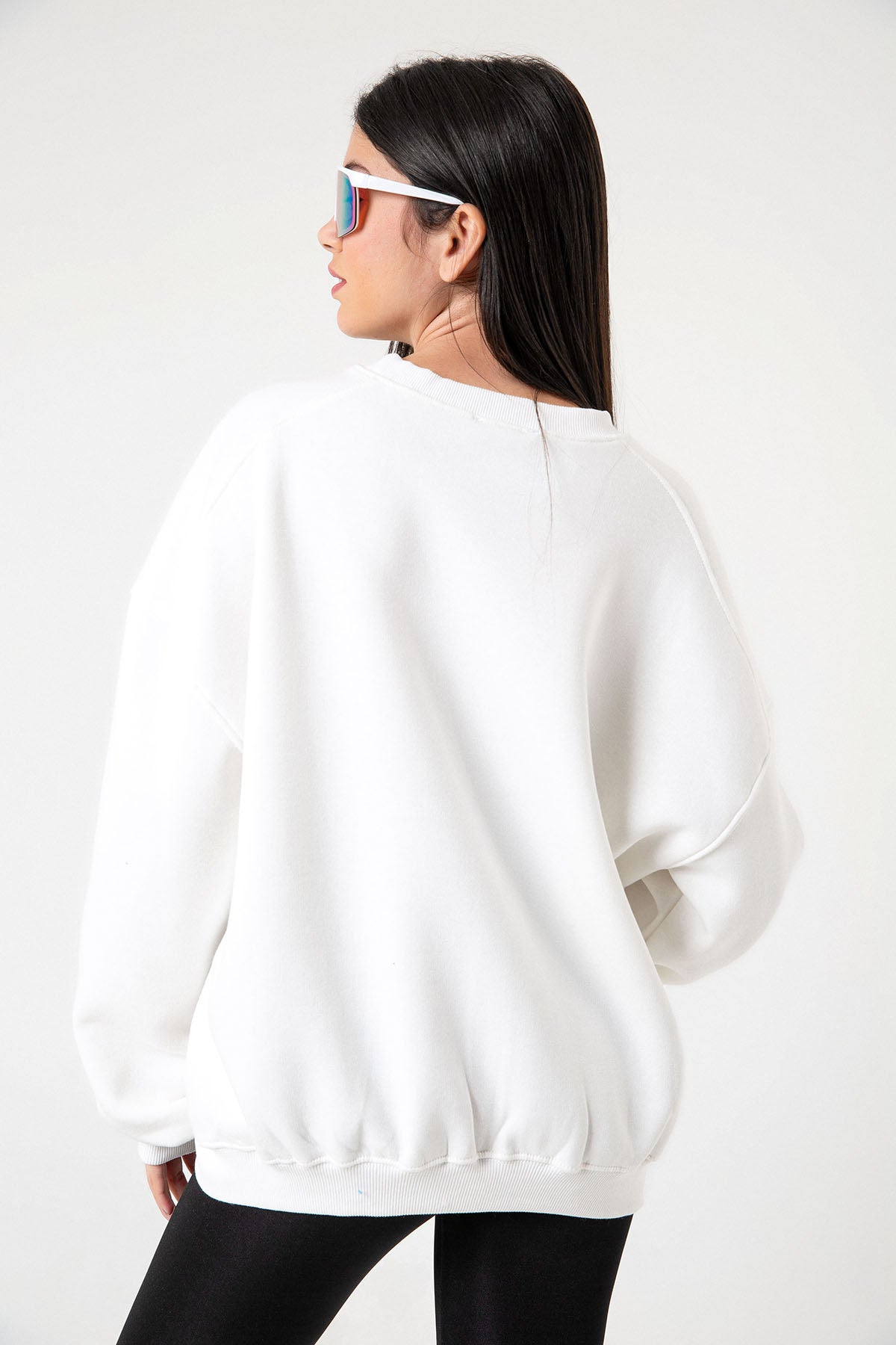 3 iplik şardonlu oversize düşük omuz pamuklu kadın sweatshirt