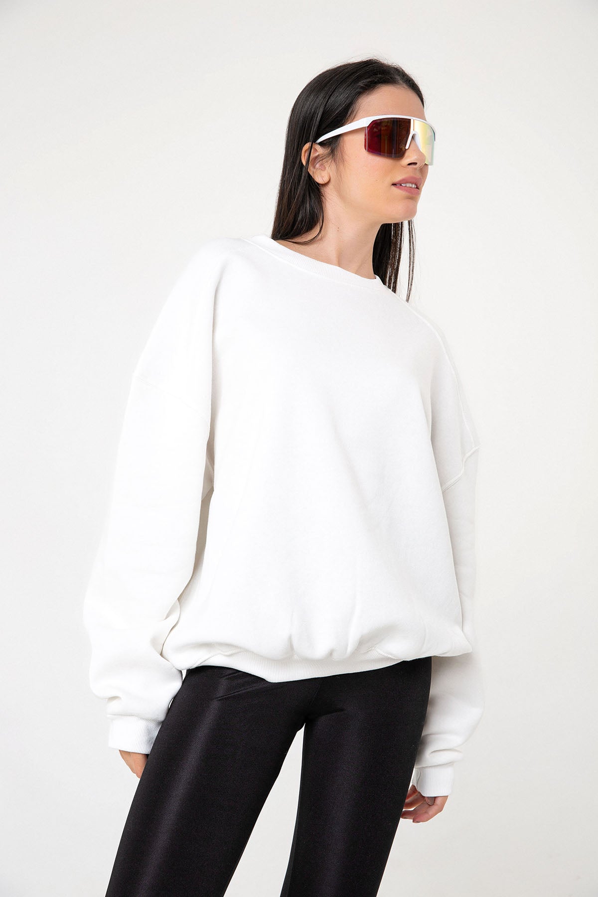 3 iplik şardonlu oversize düşük omuz pamuklu kadın sweatshirt