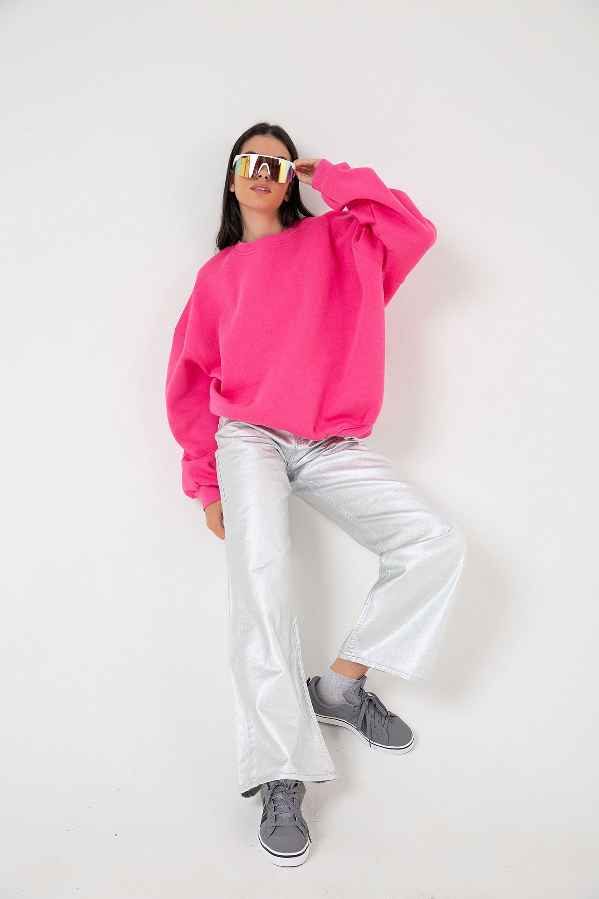 3 iplik şardonlu oversize düşük omuz pamuklu kadın sweatshirt