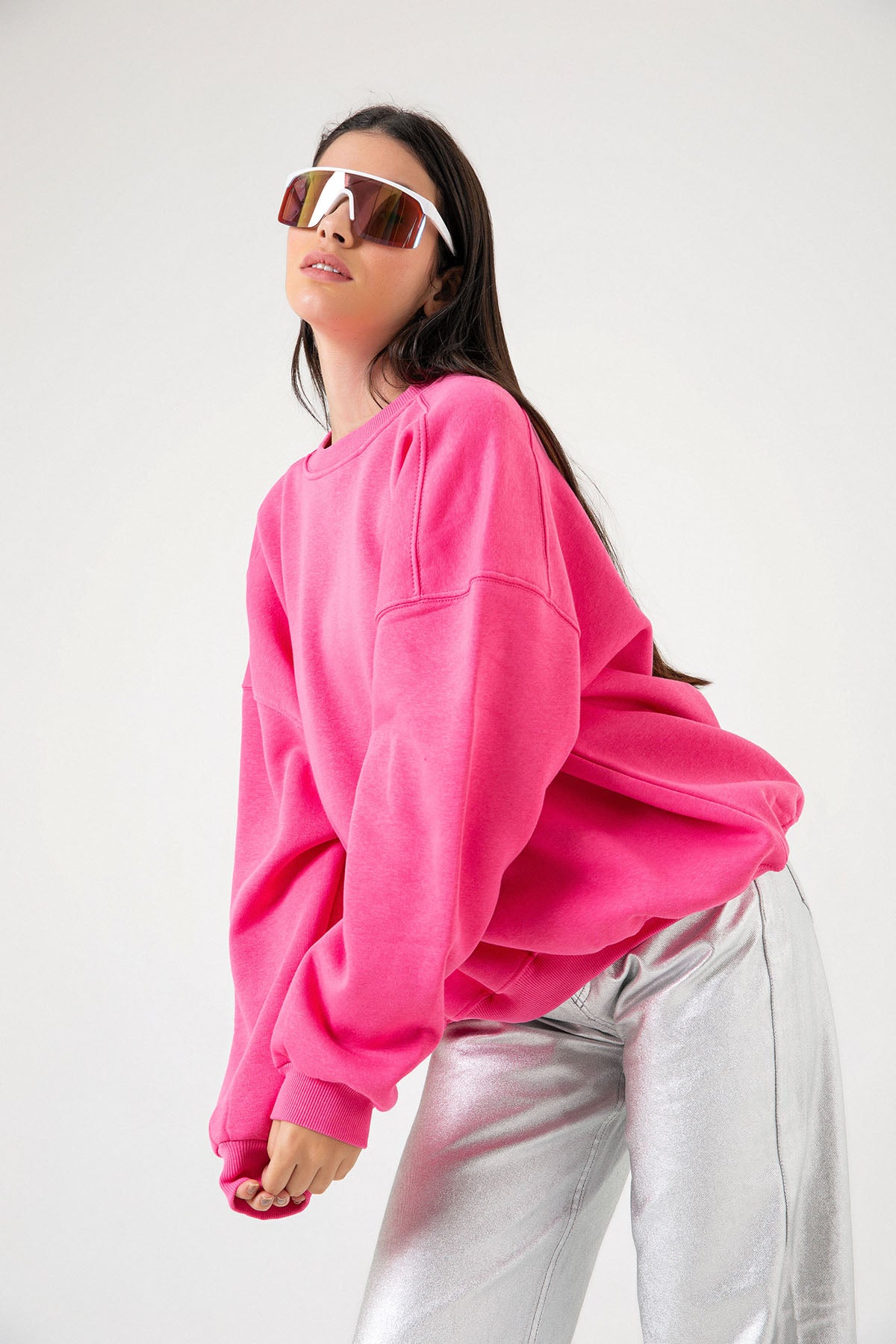 3 iplik şardonlu oversize düşük omuz pamuklu kadın sweatshirt
