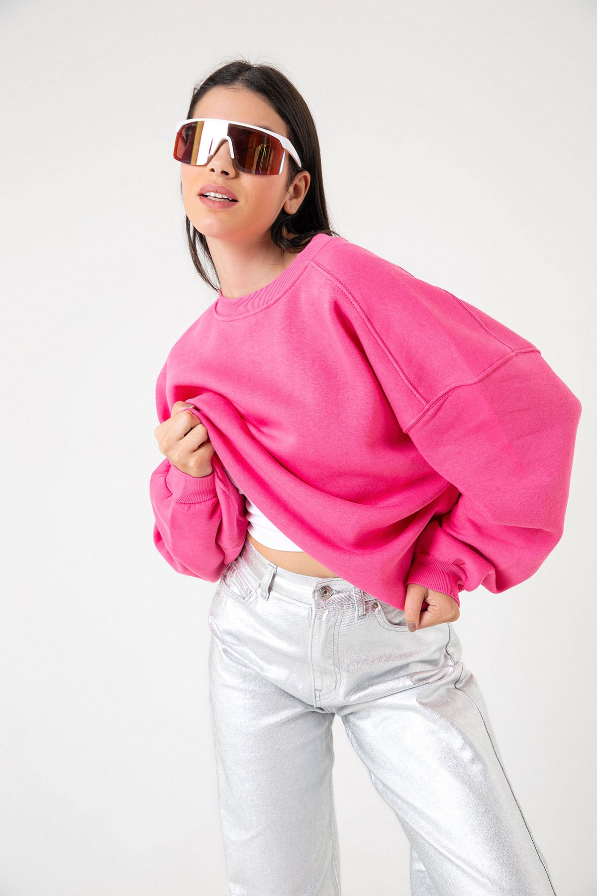 3 iplik şardonlu oversize düşük omuz pamuklu kadın sweatshirt
