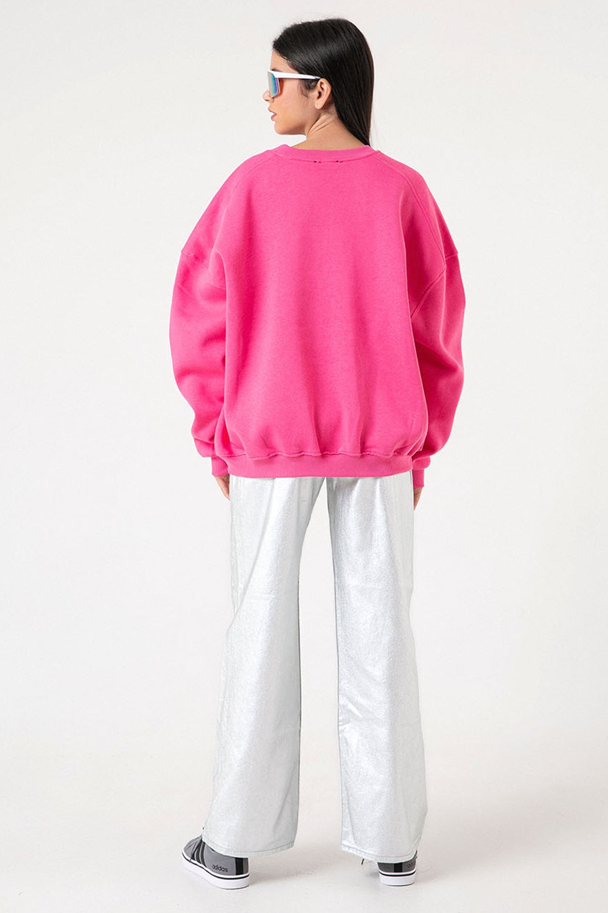 3 iplik şardonlu oversize düşük omuz pamuklu kadın sweatshirt