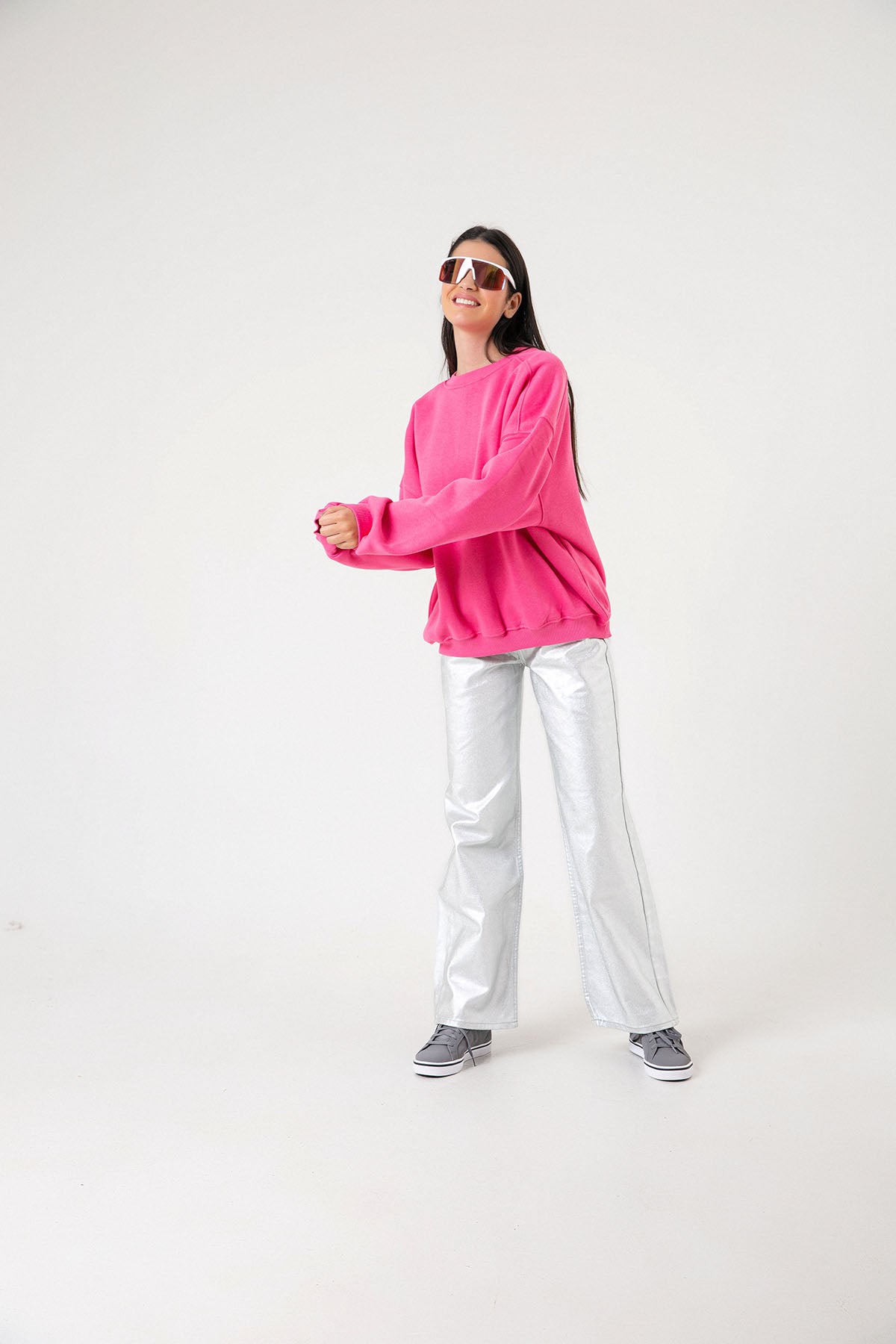 3 iplik şardonlu oversize düşük omuz pamuklu kadın sweatshirt
