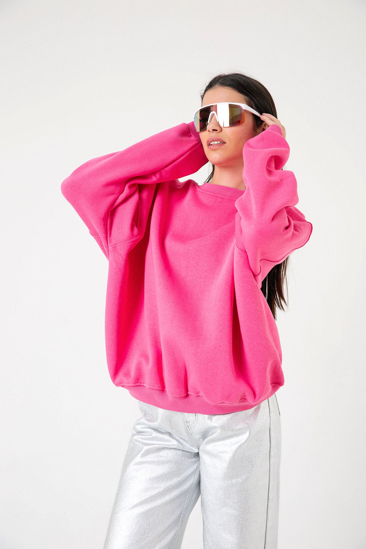 3 iplik şardonlu oversize düşük omuz pamuklu kadın sweatshirt