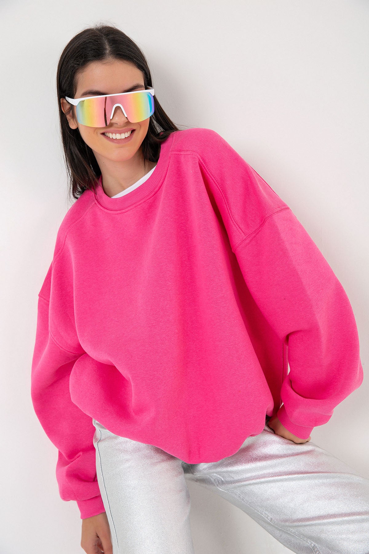 3 iplik şardonlu oversize düşük omuz pamuklu kadın sweatshirt