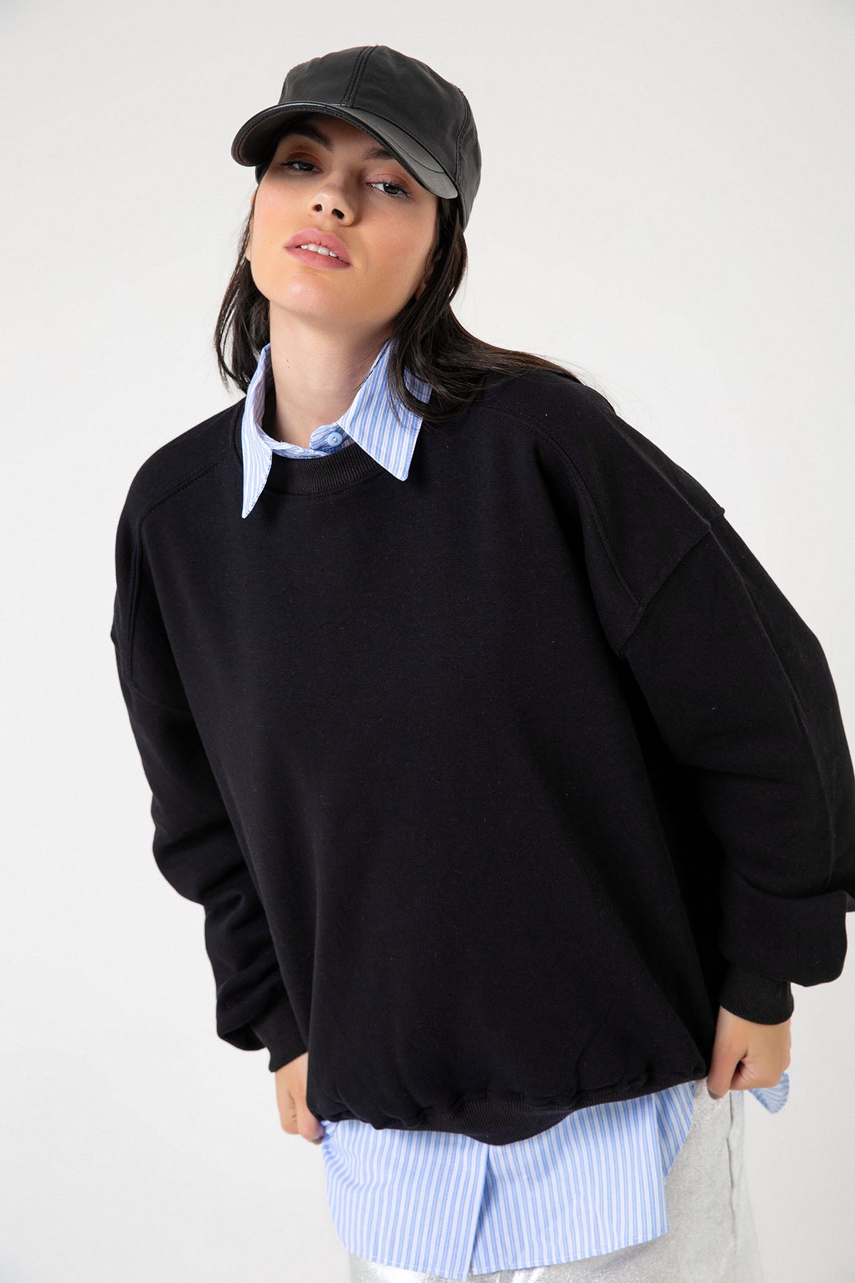3 iplik şardonlu oversize düşük omuz pamuklu kadın sweatshirt