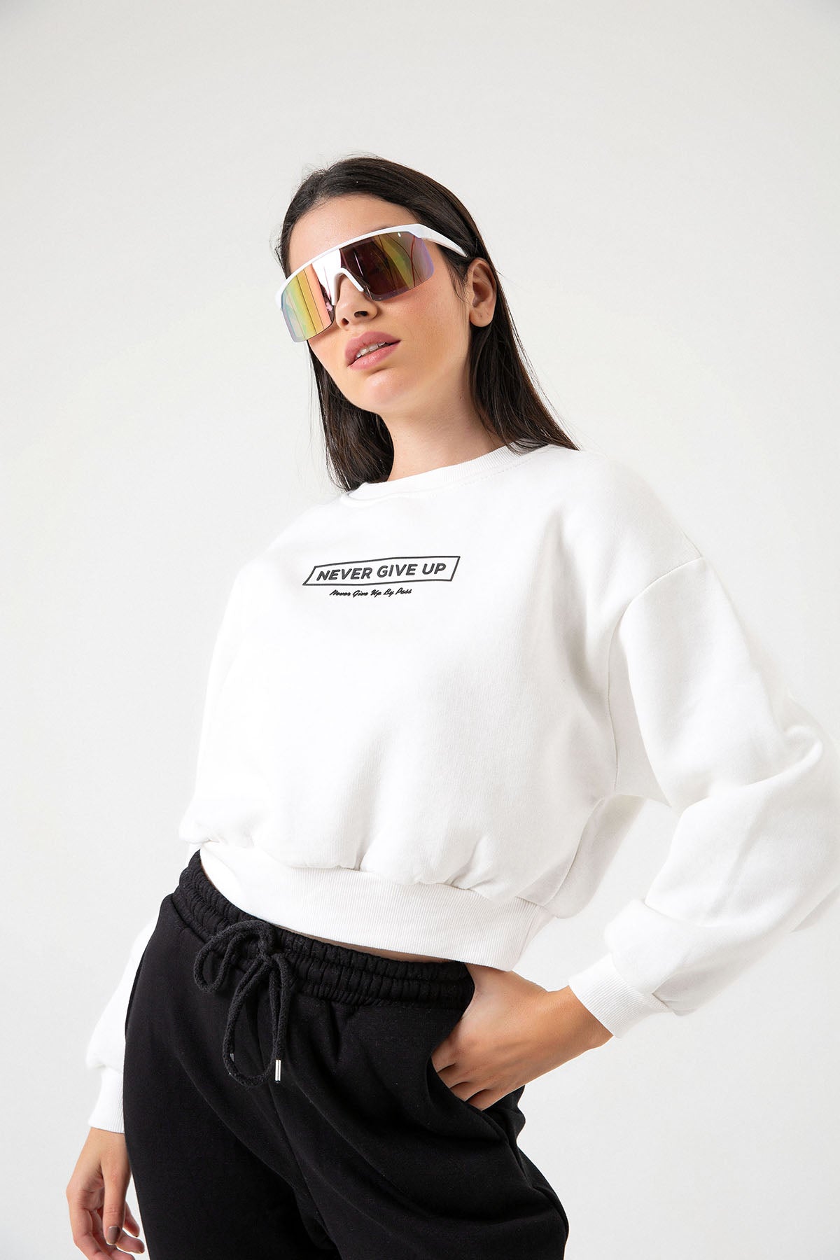 3 iplik şardonlu slogan baskılı boxy düşük omuz kadın sweatshirt