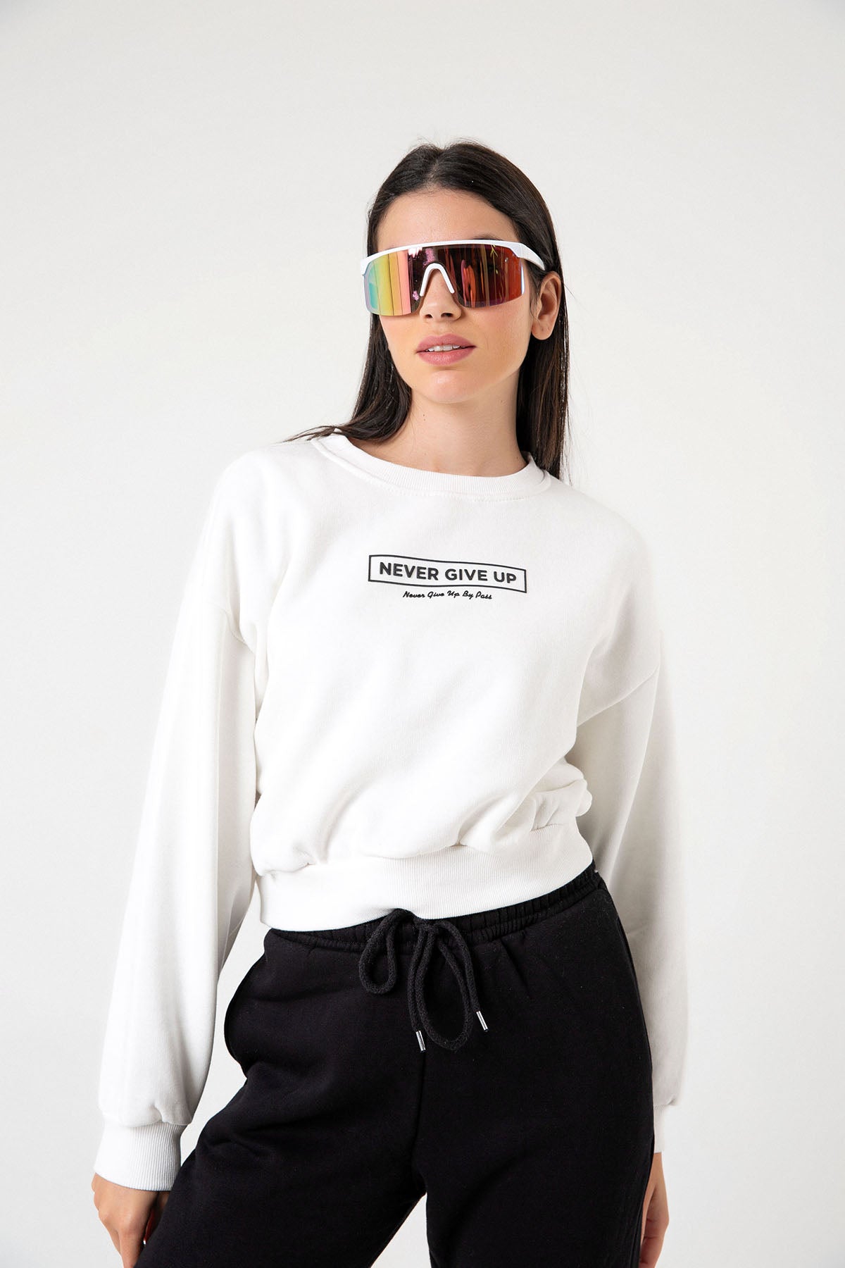 3 iplik şardonlu slogan baskılı boxy düşük omuz kadın sweatshirt