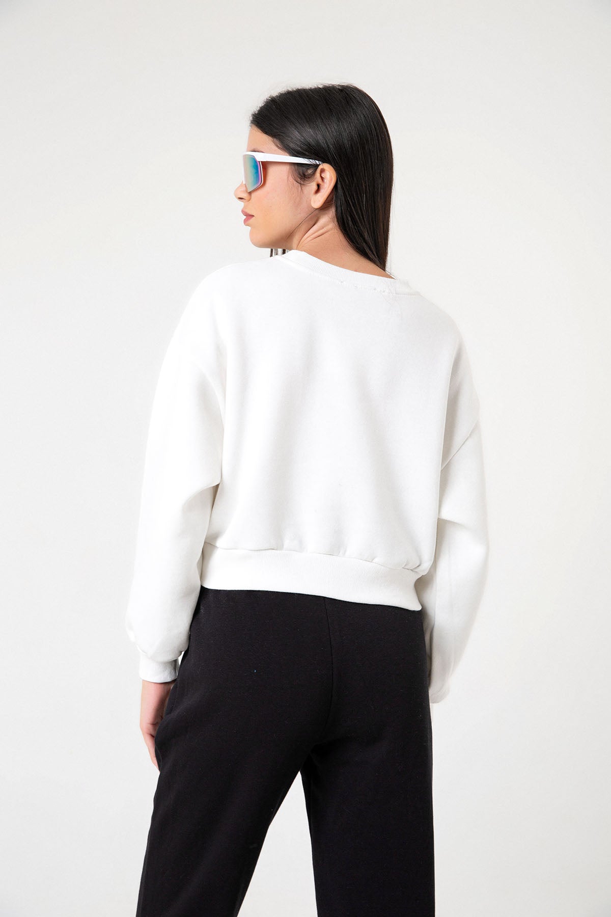 3 iplik şardonlu slogan baskılı boxy düşük omuz kadın sweatshirt