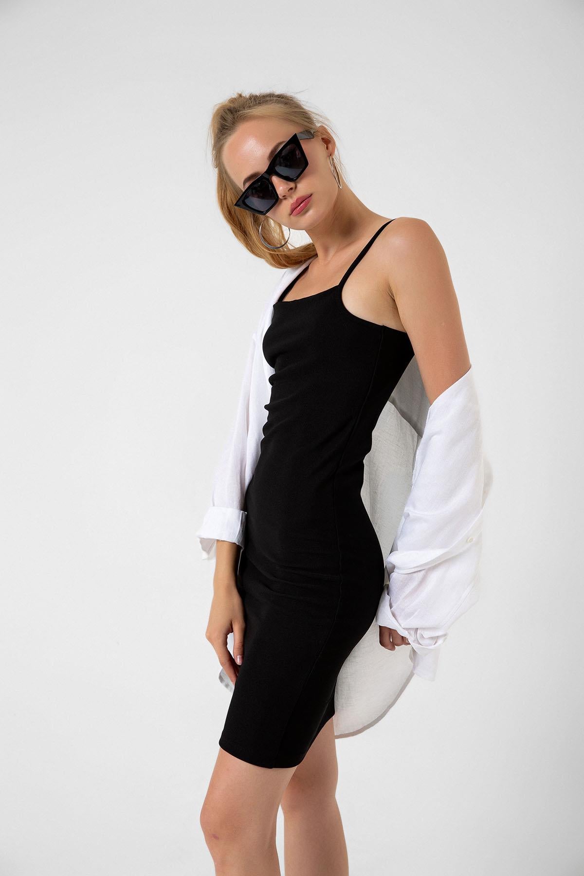 Ayarlanabilir ince askılı bodycon fitilli mini kadın elbise