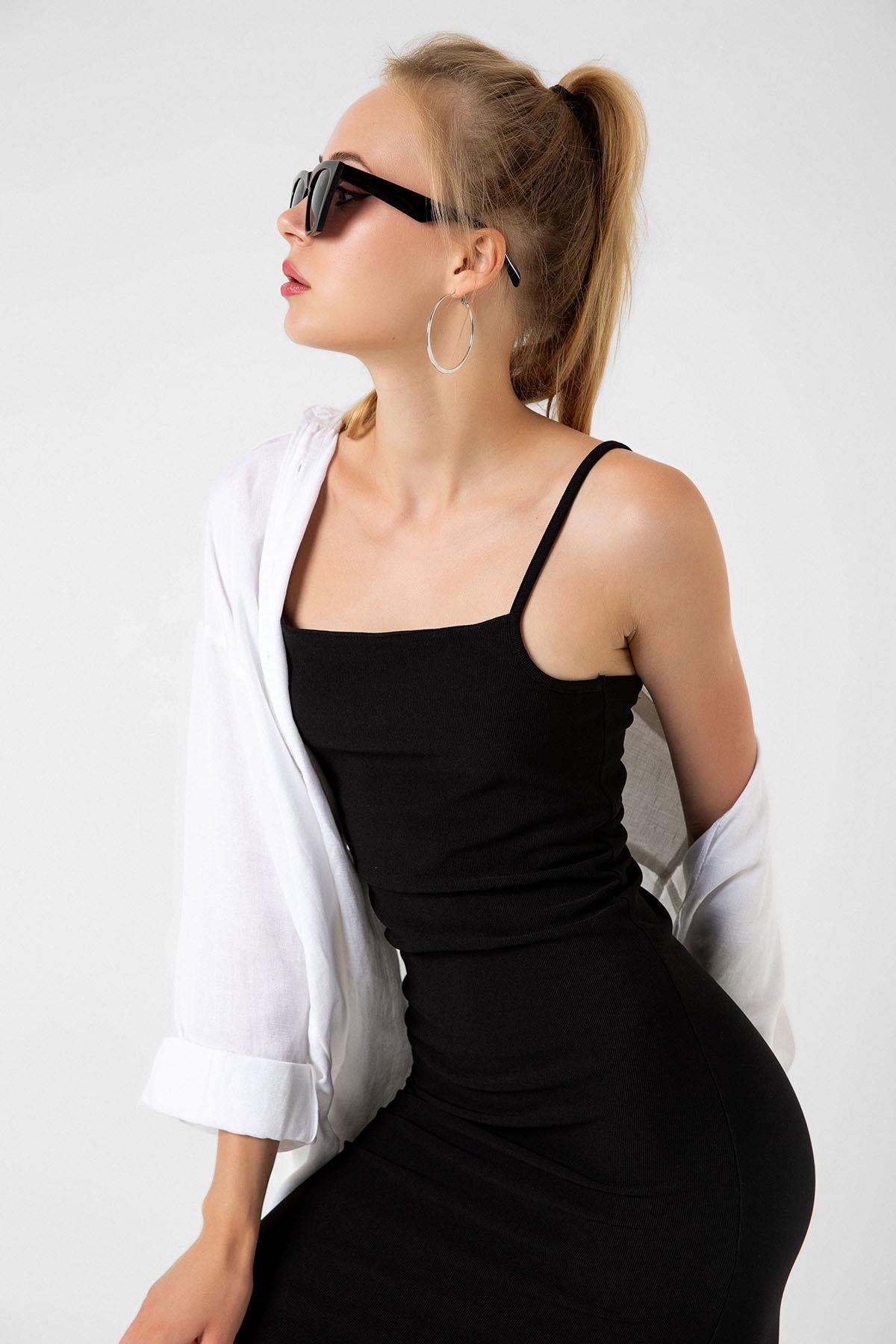 Ayarlanabilir ince askılı bodycon fitilli mini kadın elbise
