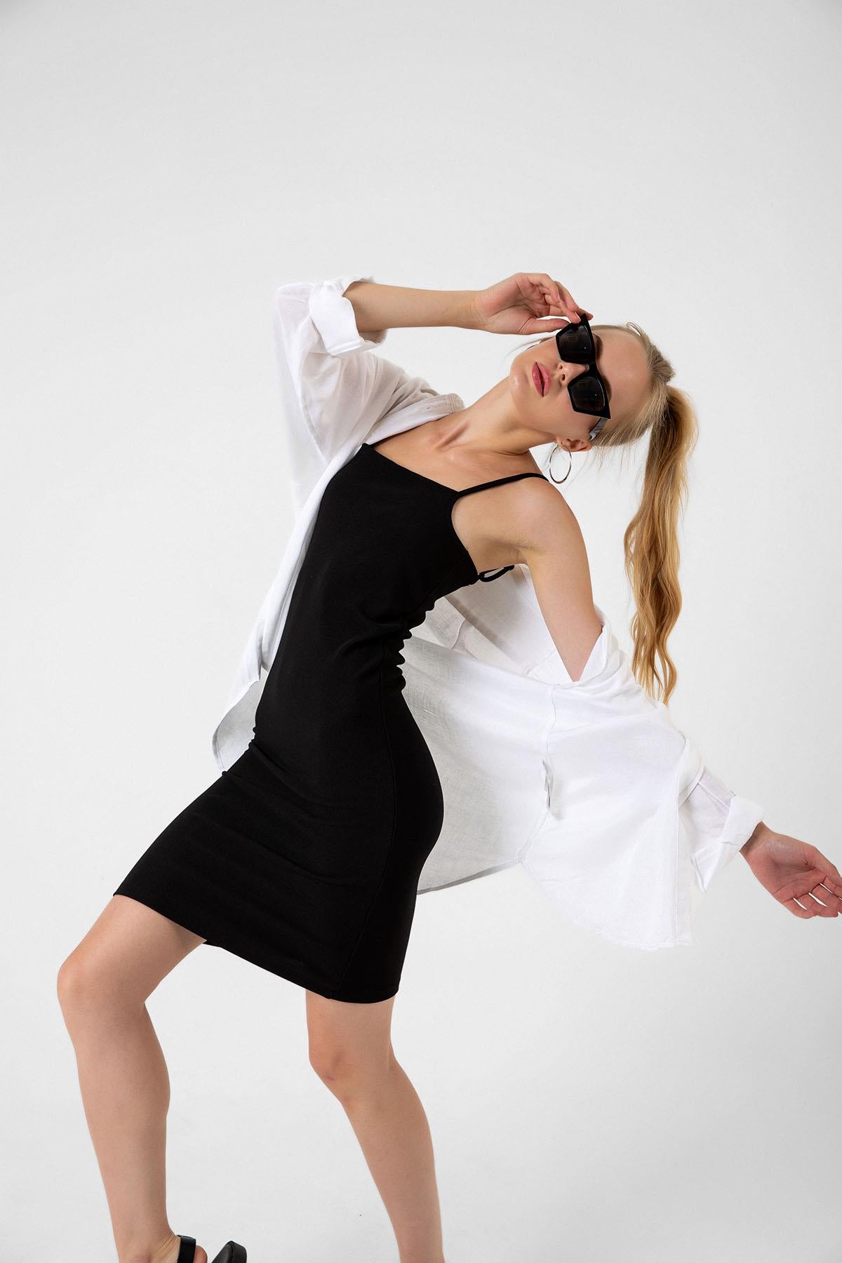Ayarlanabilir ince askılı bodycon fitilli mini kadın elbise