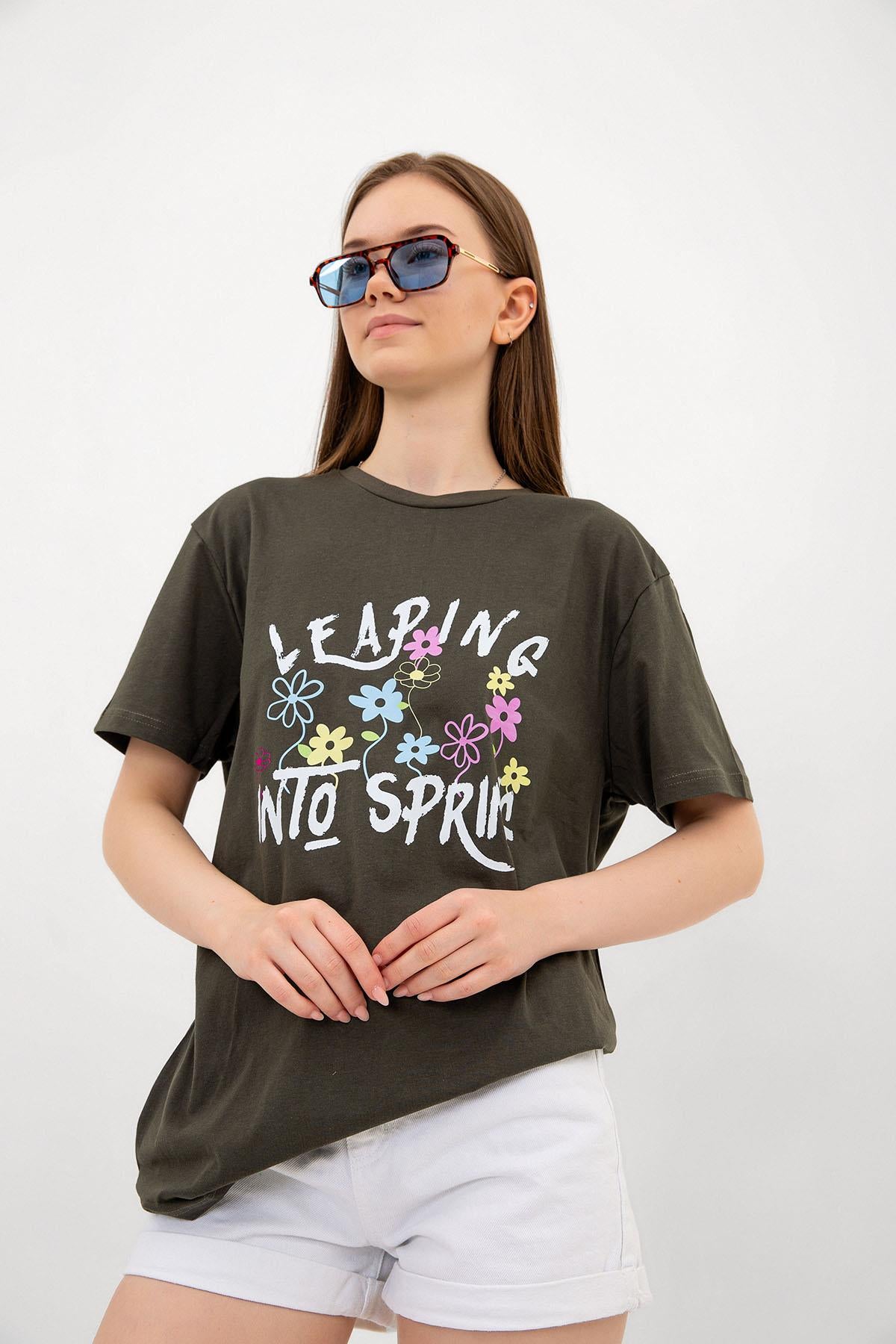 Crew Neck Leaping into Spring Printed White Oversize Female T -shirt