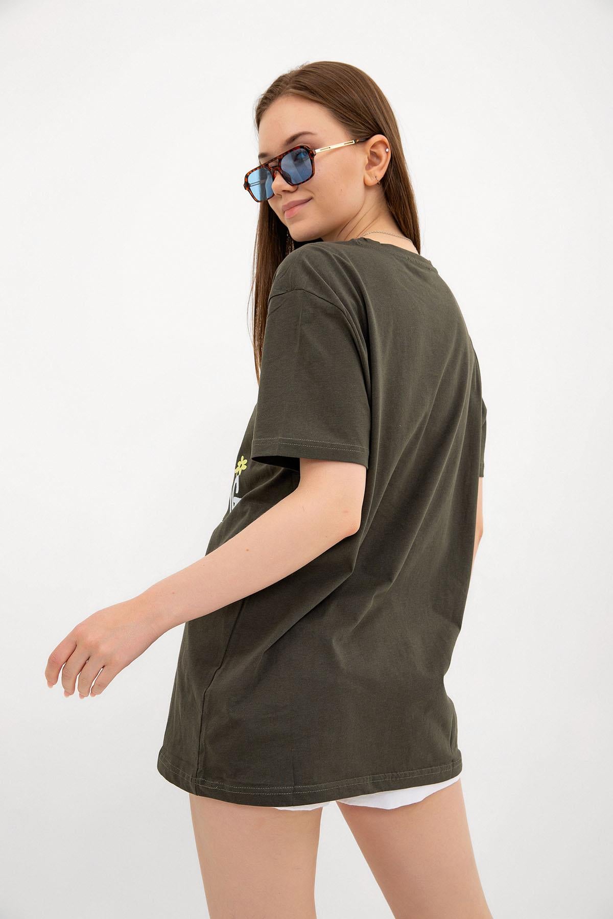 Crew Neck Leaping into Spring Printed White Oversize Female T -shirt