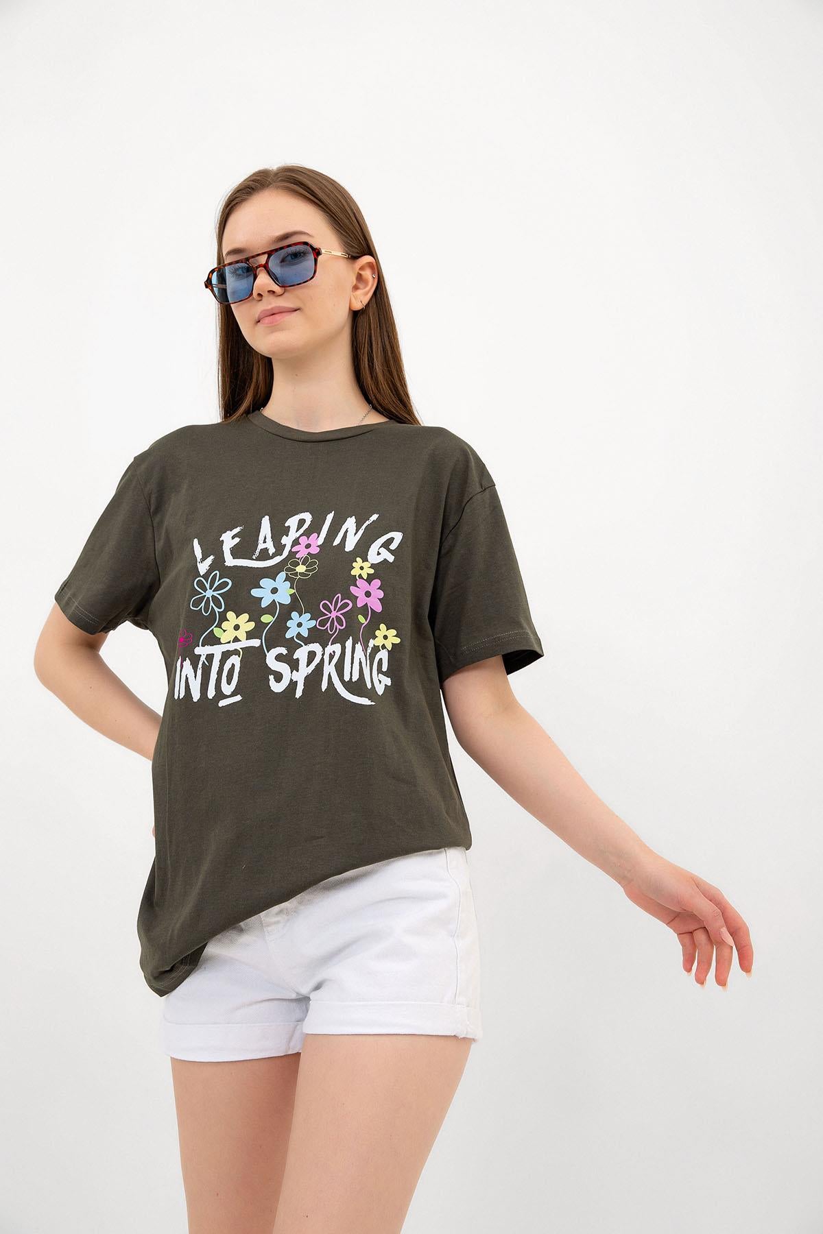 Crew Neck Leaping into Spring Printed White Oversize Female T -shirt