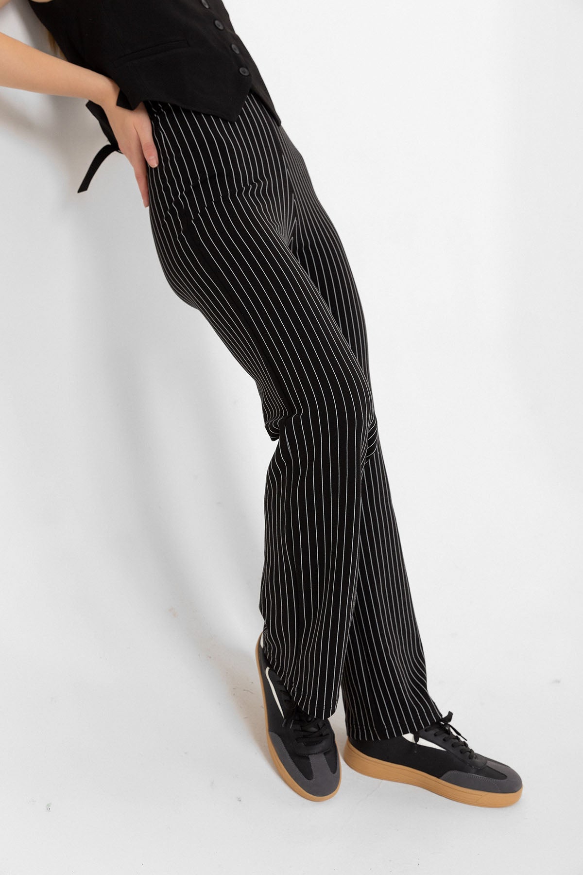 Çizgili Ekstra yüksek Bel Pin Stripe Wide Leg Geniş Paça Kadın Tayt Pantolon