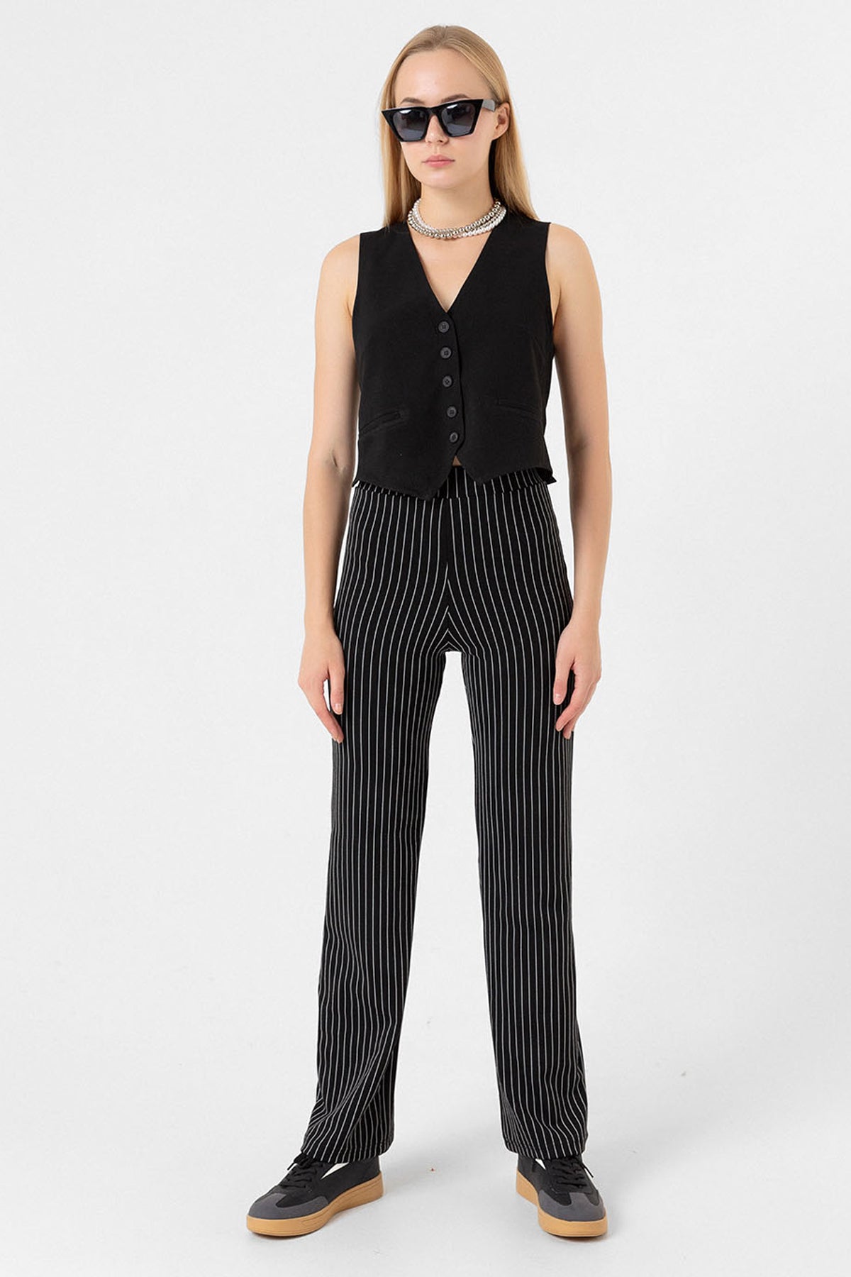 Çizgili Ekstra yüksek Bel Pin Stripe Wide Leg Geniş Paça Kadın Tayt Pantolon