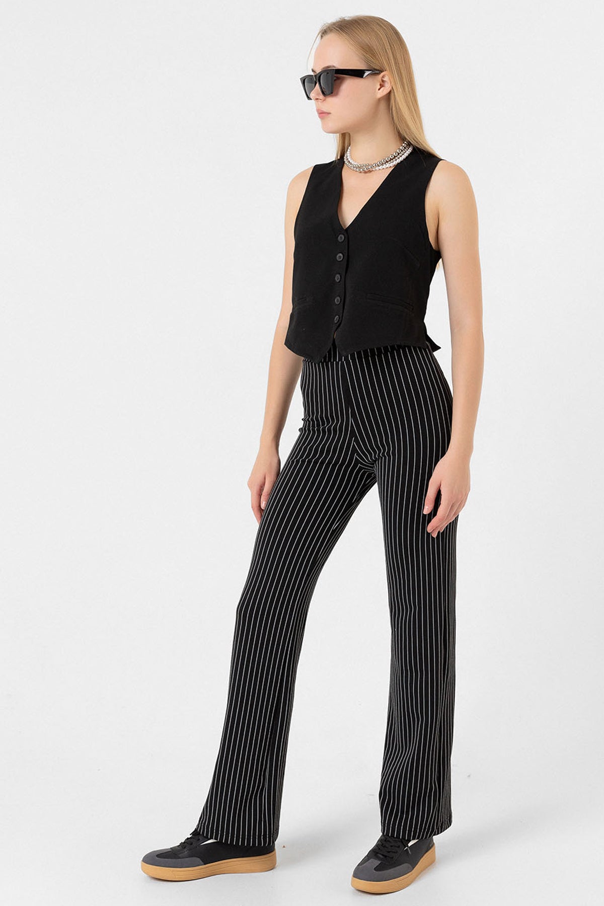 Çizgili Ekstra yüksek Bel Pin Stripe Wide Leg Geniş Paça Kadın Tayt Pantolon