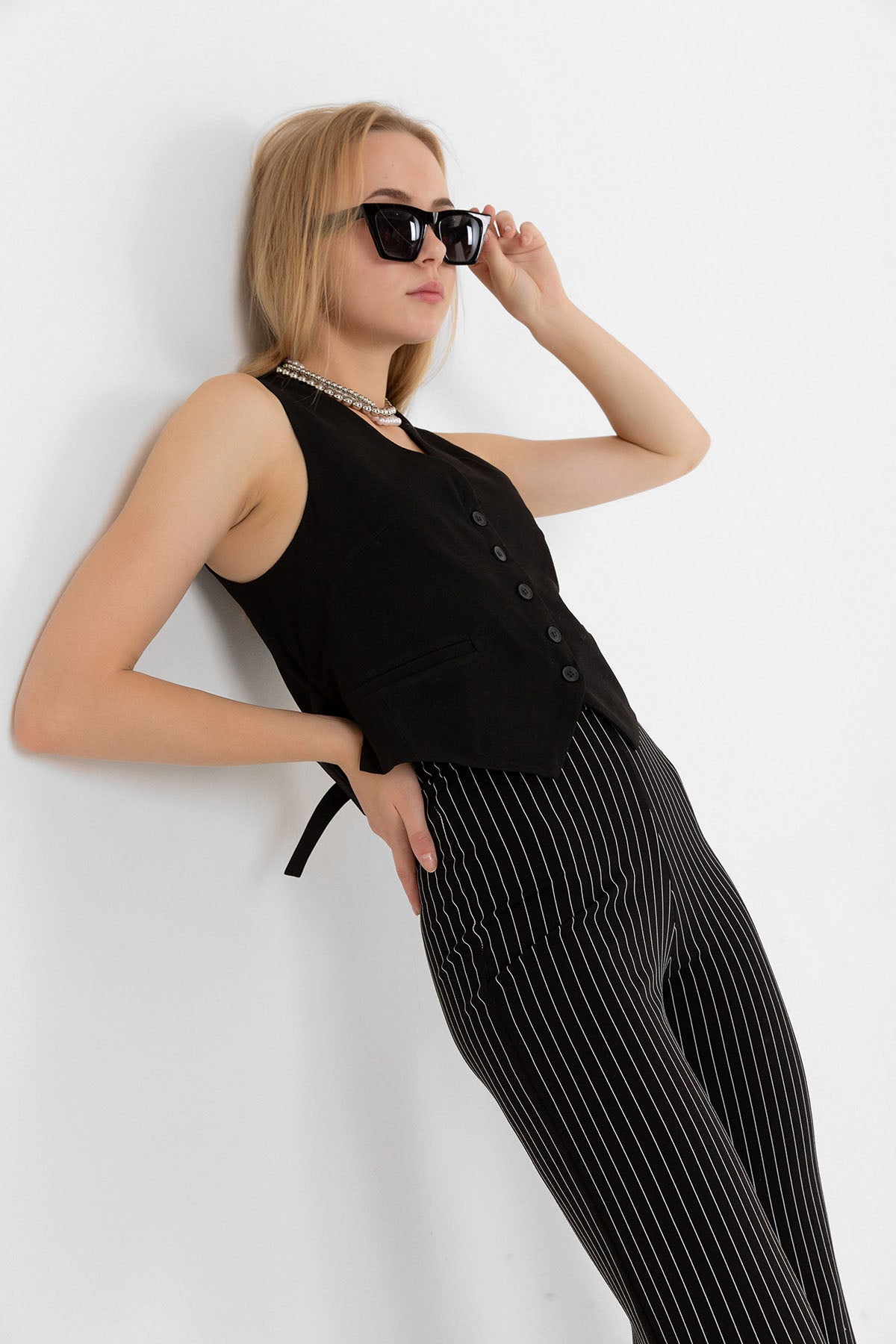Çizgili Ekstra yüksek Bel Pin Stripe Wide Leg Geniş Paça Kadın Tayt Pantolon