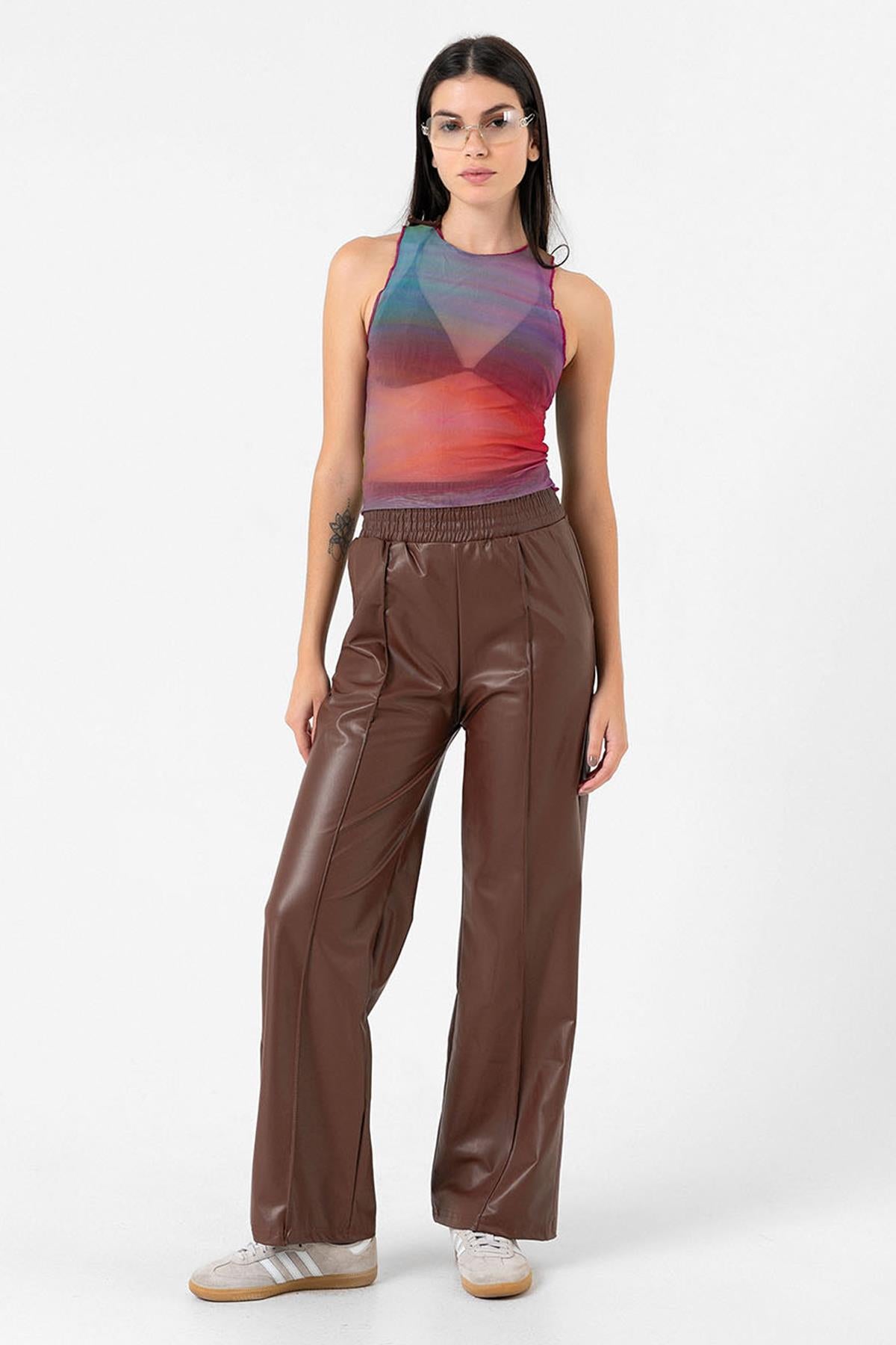 Black Spanish trotter ribbon Ironing track, waist krotea rubber artificial leather women pants