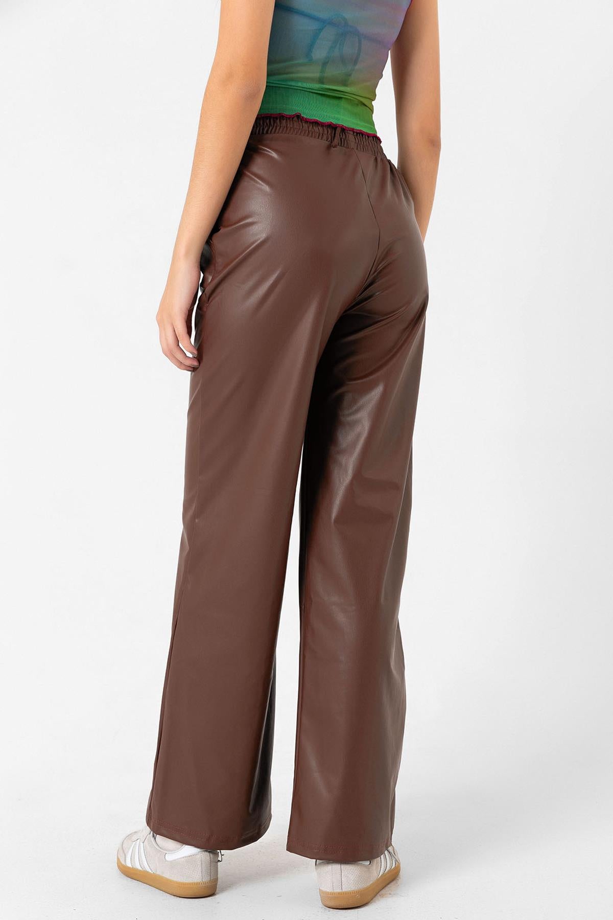Black Spanish trotter ribbon Ironing track, waist krotea rubber artificial leather women pants