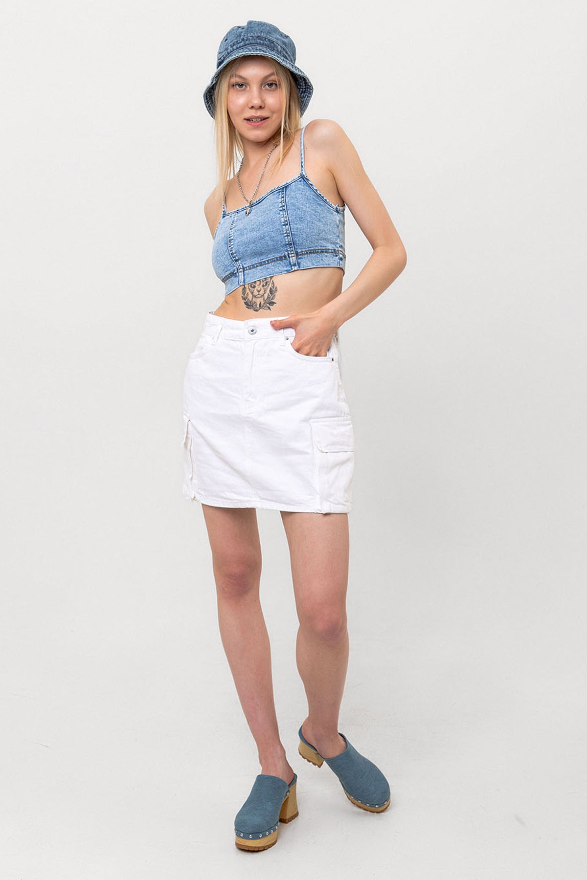Jean Kargo Cepli Denim Dokuma Kot Kargo Kadın Etek