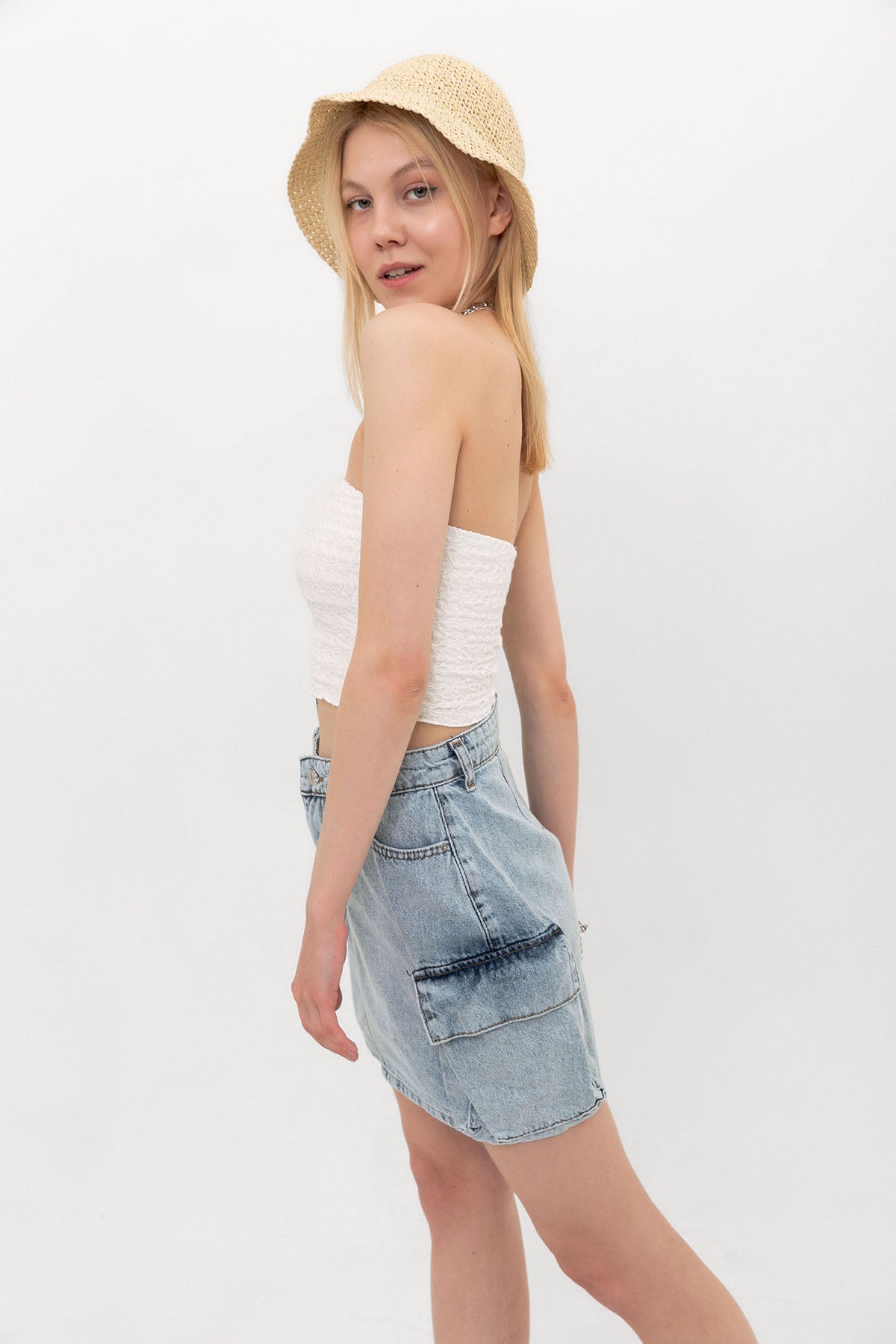 Jean Kargo Cepli Denim Dokuma Kot Kargo Kadın Etek