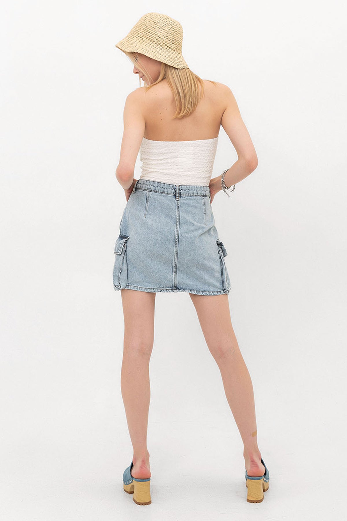 Jean Kargo Cepli Denim Dokuma Kot Kargo Kadın Etek