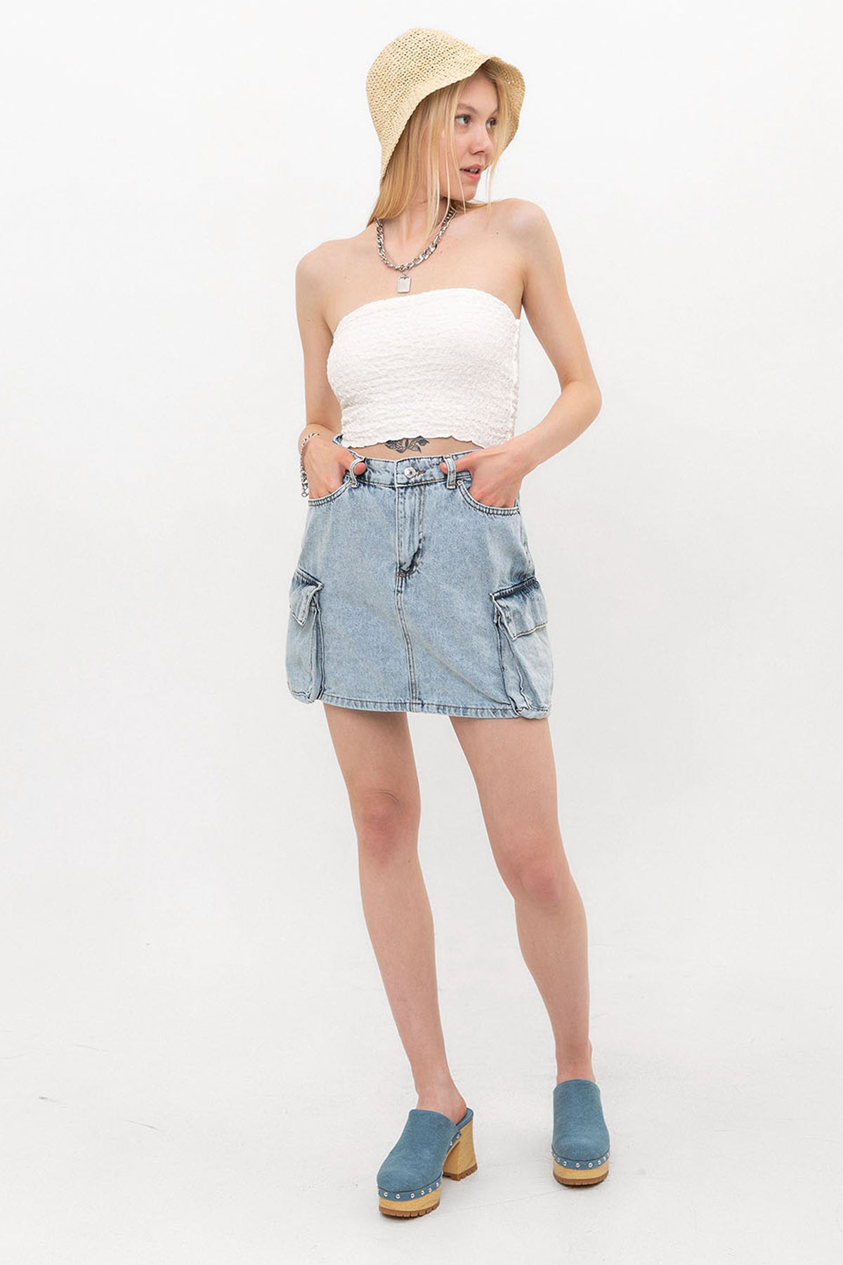 Jean Kargo Cepli Denim Dokuma Kot Kargo Kadın Etek