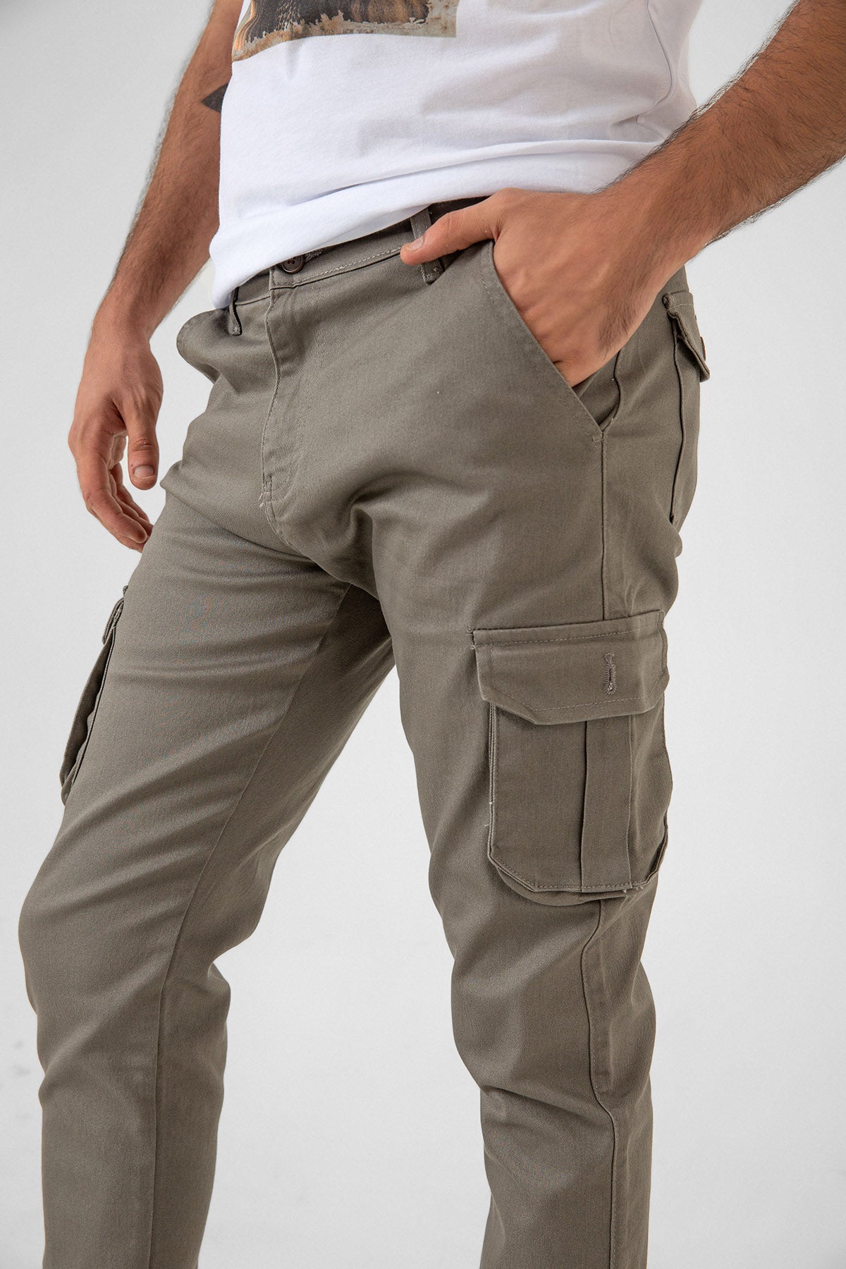 Kargo Cepli, Fermuarlı Paça Lastikli Esnek Kumaş Slim Fit Gabardin Erkek Kargo Pantolon