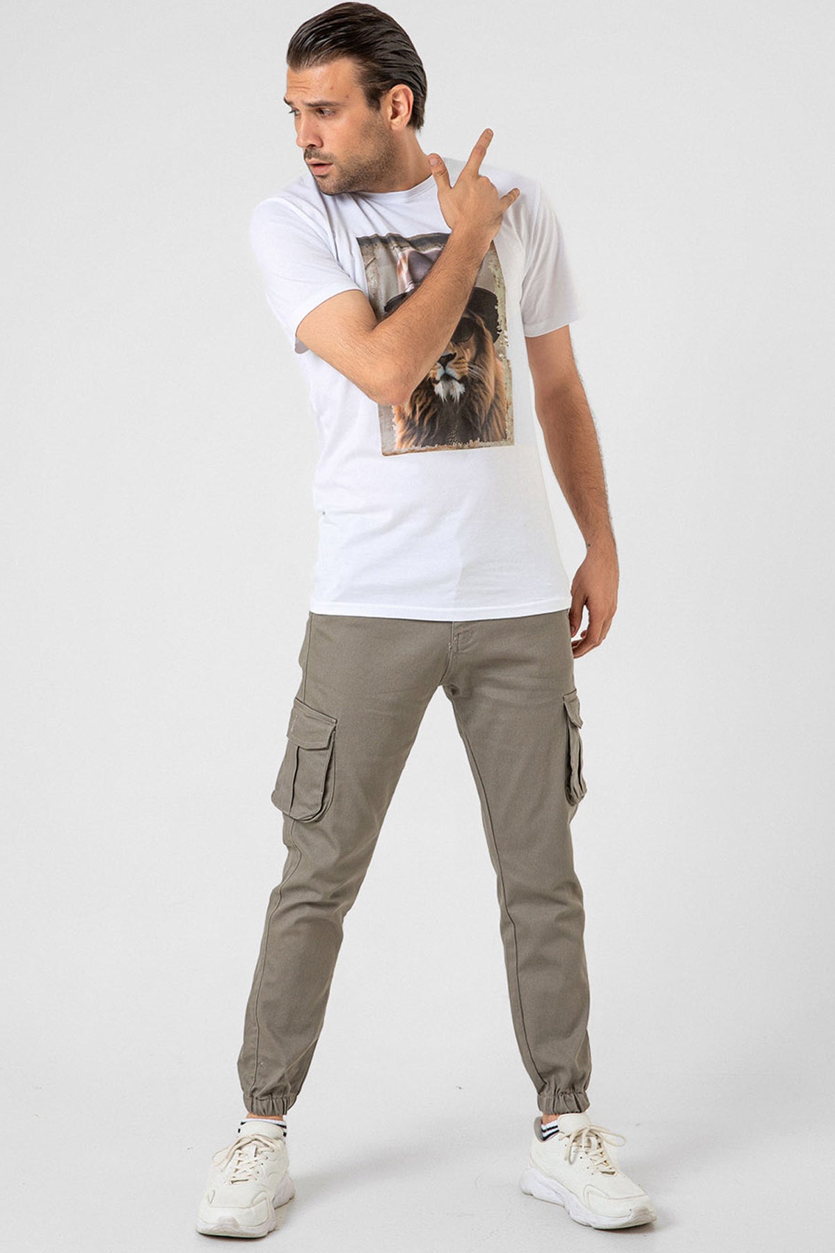 Kargo Cepli, Fermuarlı Paça Lastikli Esnek Kumaş Slim Fit Gabardin Erkek Kargo Pantolon