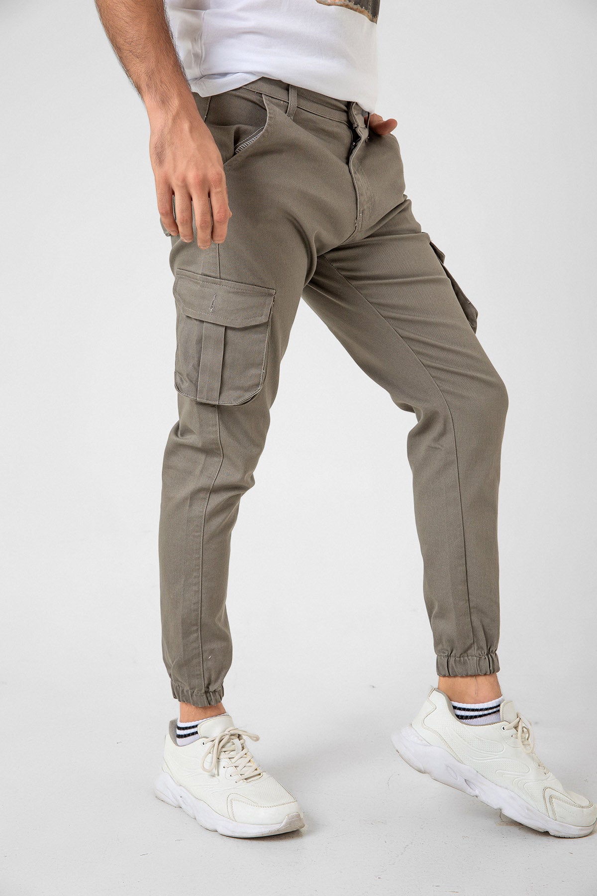 Kargo Cepli, Fermuarlı Paça Lastikli Esnek Kumaş Slim Fit Gabardin Erkek Kargo Pantolon