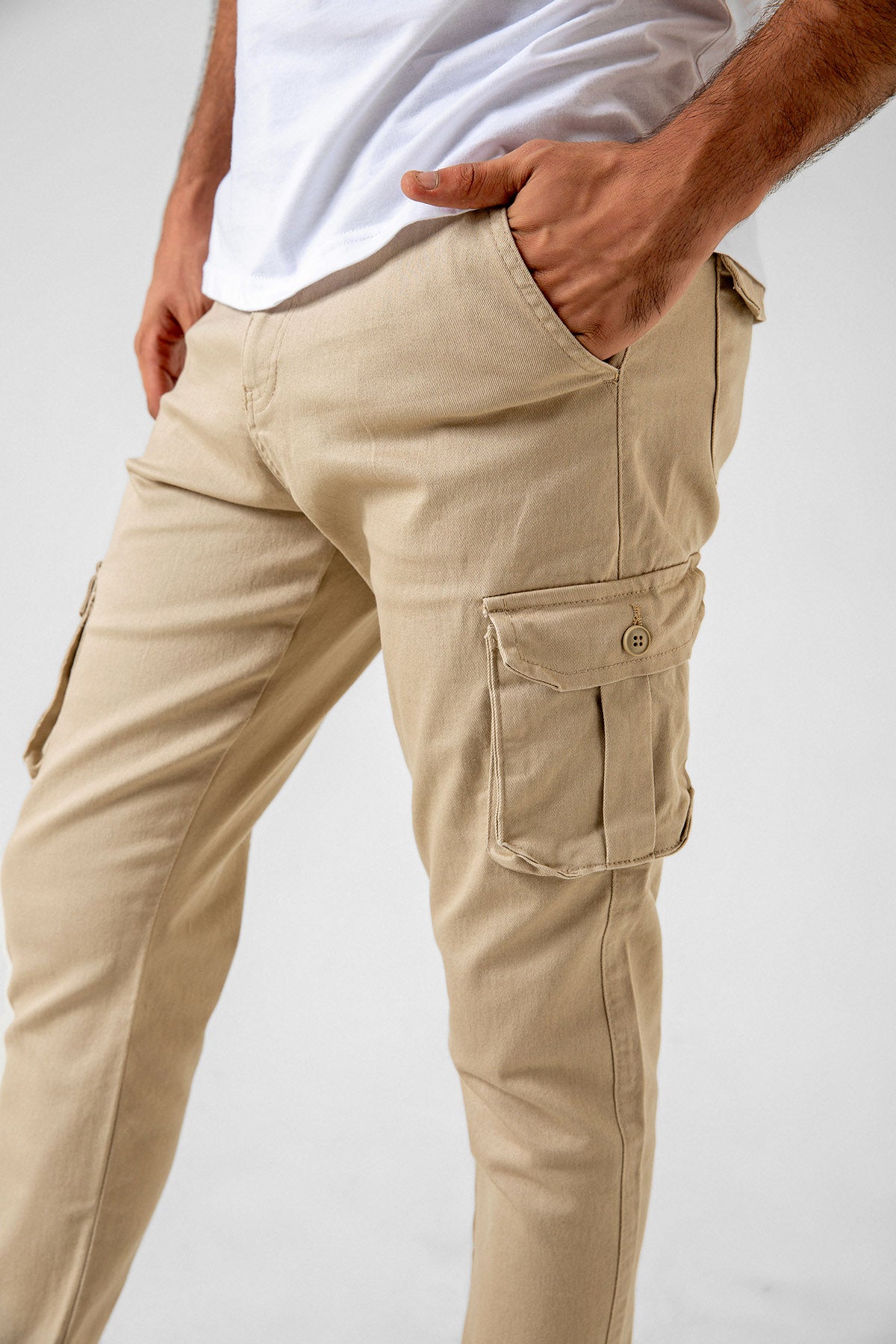 Kargo Cepli, Fermuarlı Paça Lastikli Esnek Kumaş Slim Fit Gabardin Erkek Kargo Pantolon