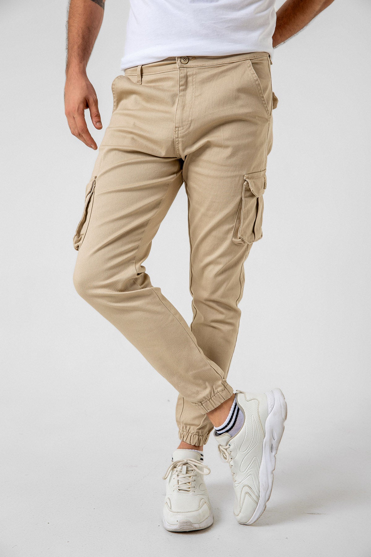 Kargo Cepli, Fermuarlı Paça Lastikli Esnek Kumaş Slim Fit Gabardin Erkek Kargo Pantolon