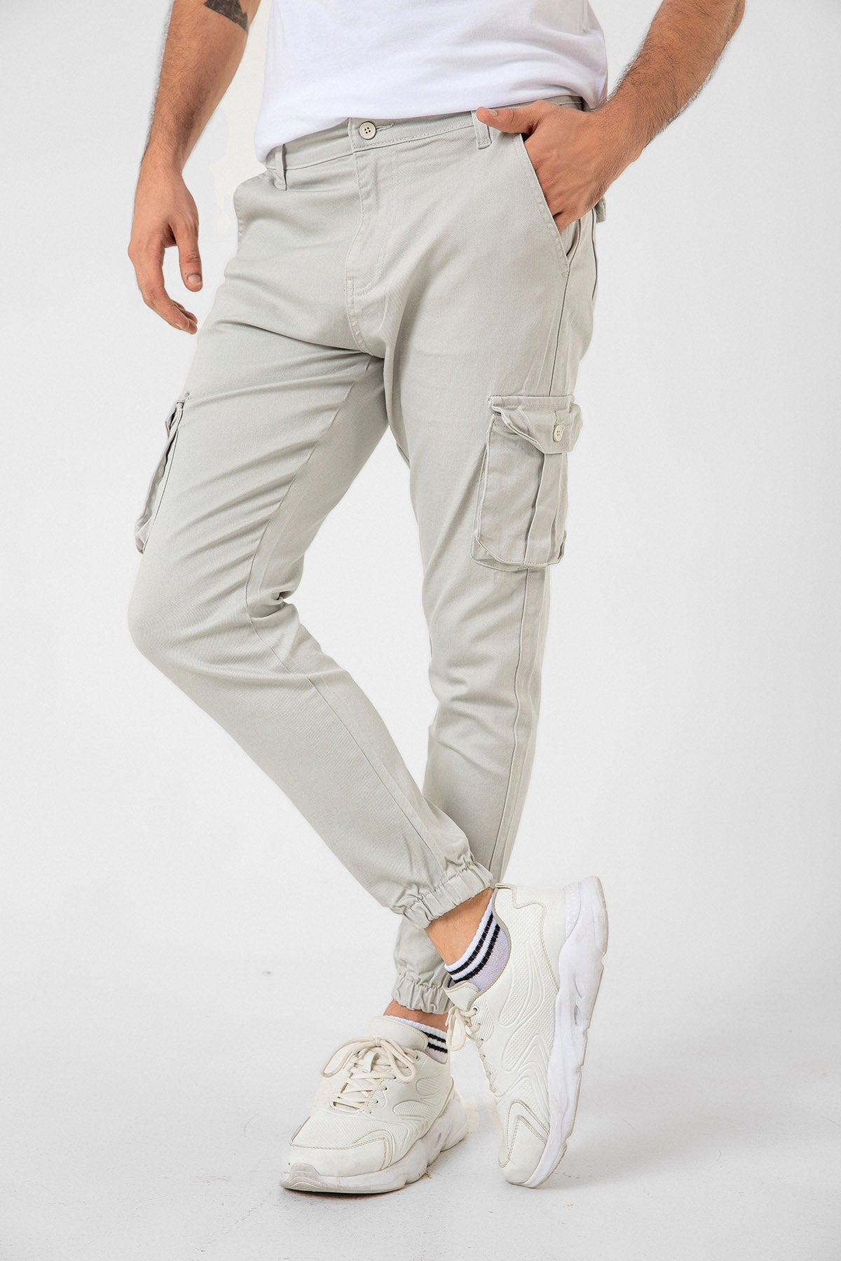 Kargo Cepli, Fermuarlı Paça Lastikli Esnek Kumaş Slim Fit Gabardin Erkek Kargo Pantolon