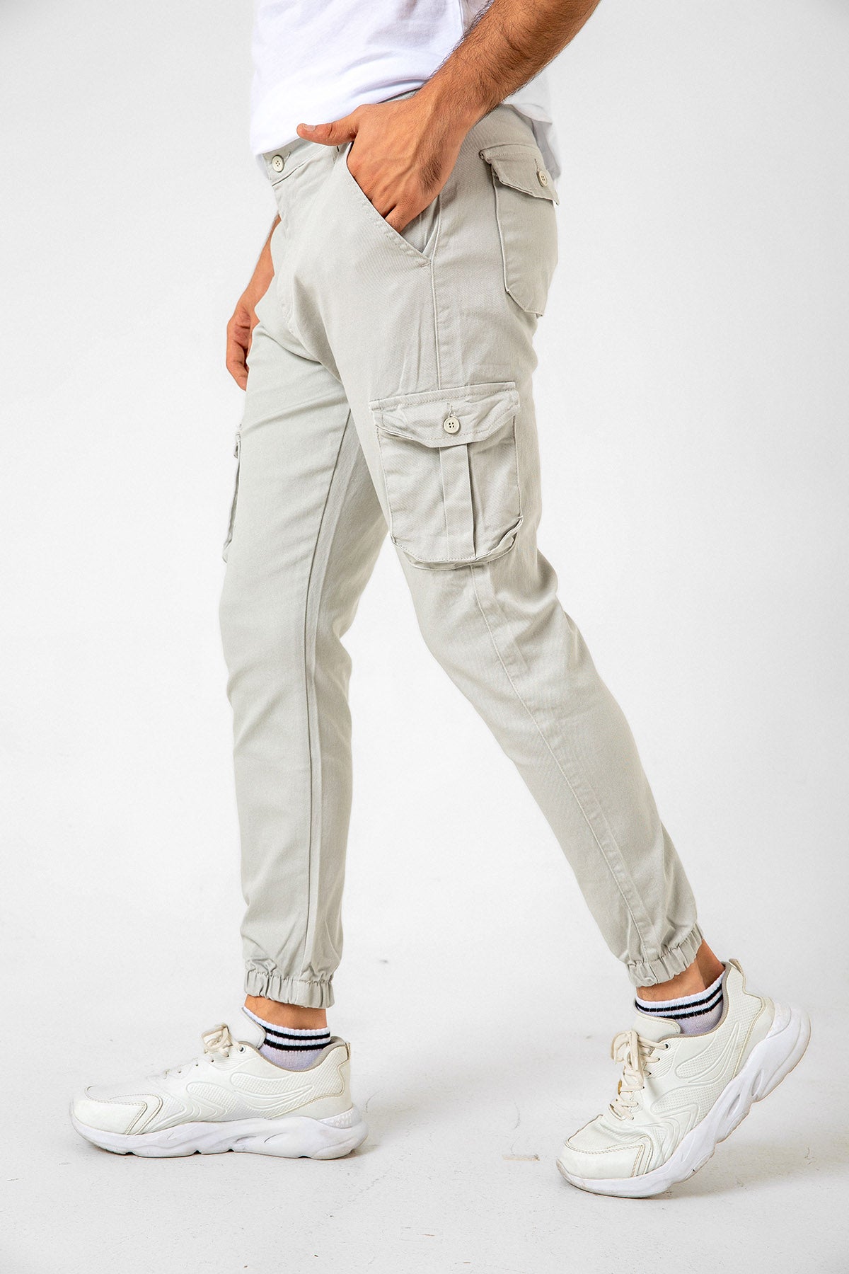 Kargo Cepli, Fermuarlı Paça Lastikli Esnek Kumaş Slim Fit Gabardin Erkek Kargo Pantolon