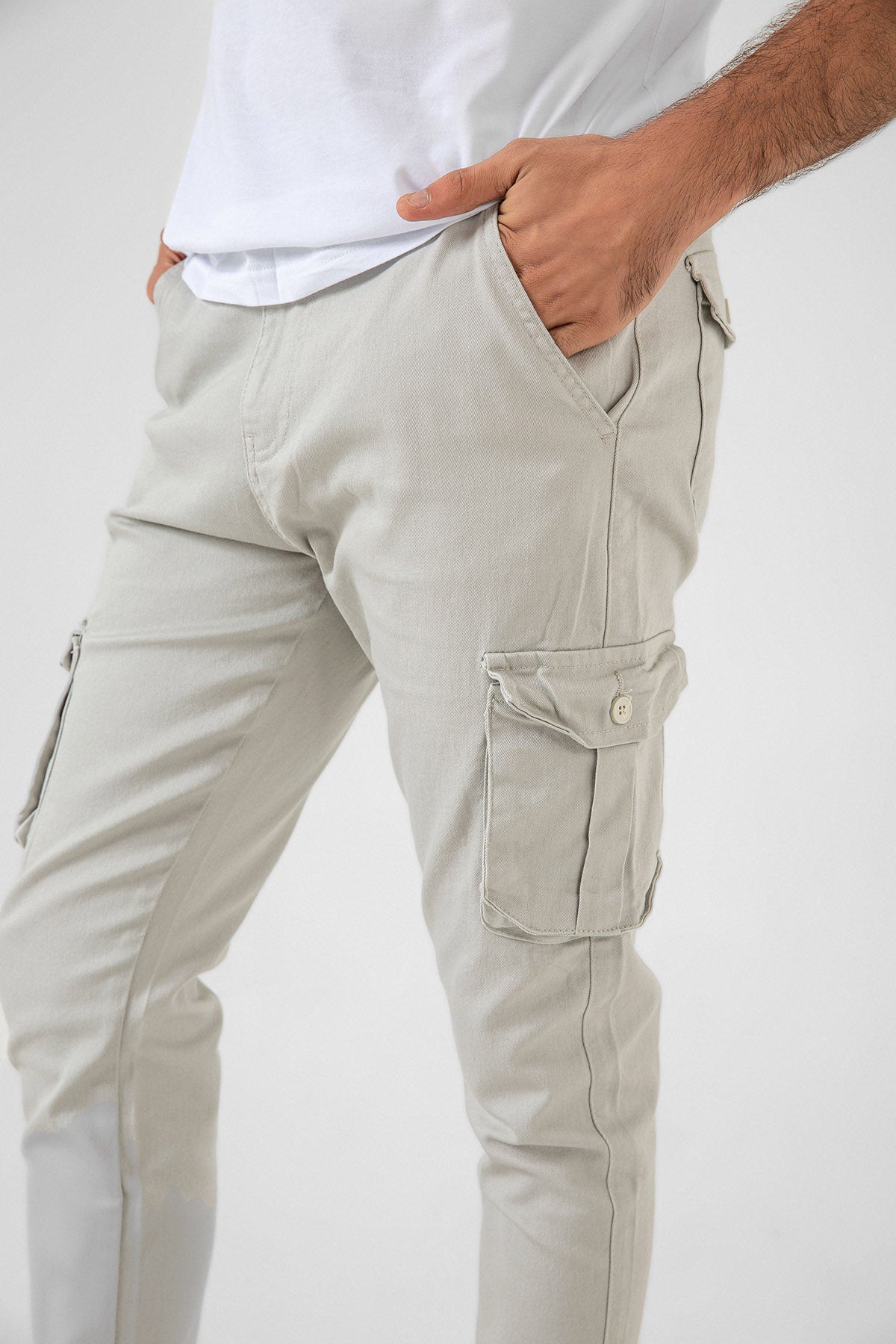 Kargo Cepli, Fermuarlı Paça Lastikli Esnek Kumaş Slim Fit Gabardin Erkek Kargo Pantolon