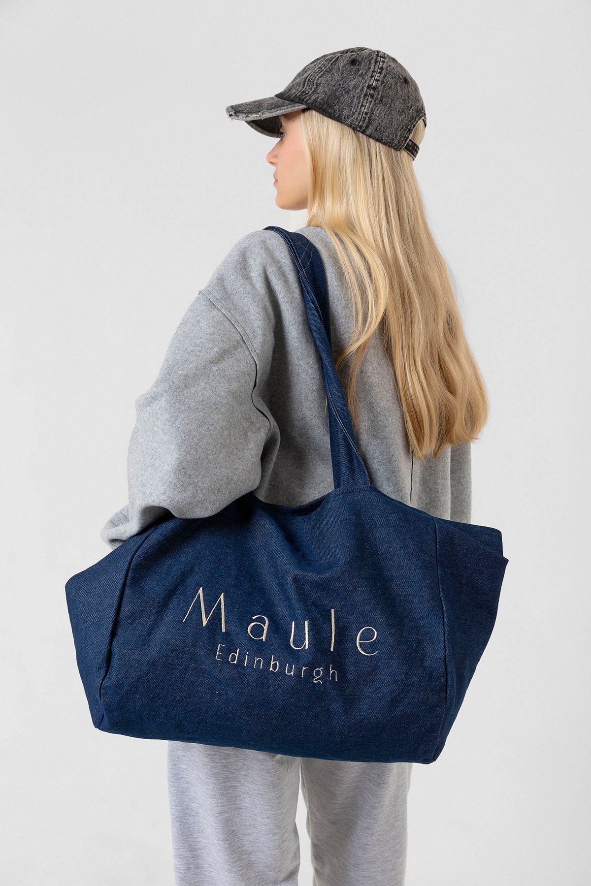 Maule Nakış Detaylı Ortaboy %100 Pamuk İndigo Kadın Omuz Çantası Tote Bag