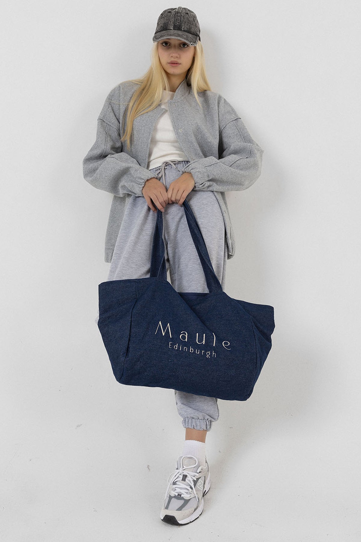 Maule Nakış Detaylı Ortaboy %100 Pamuk İndigo Kadın Omuz Çantası Tote Bag