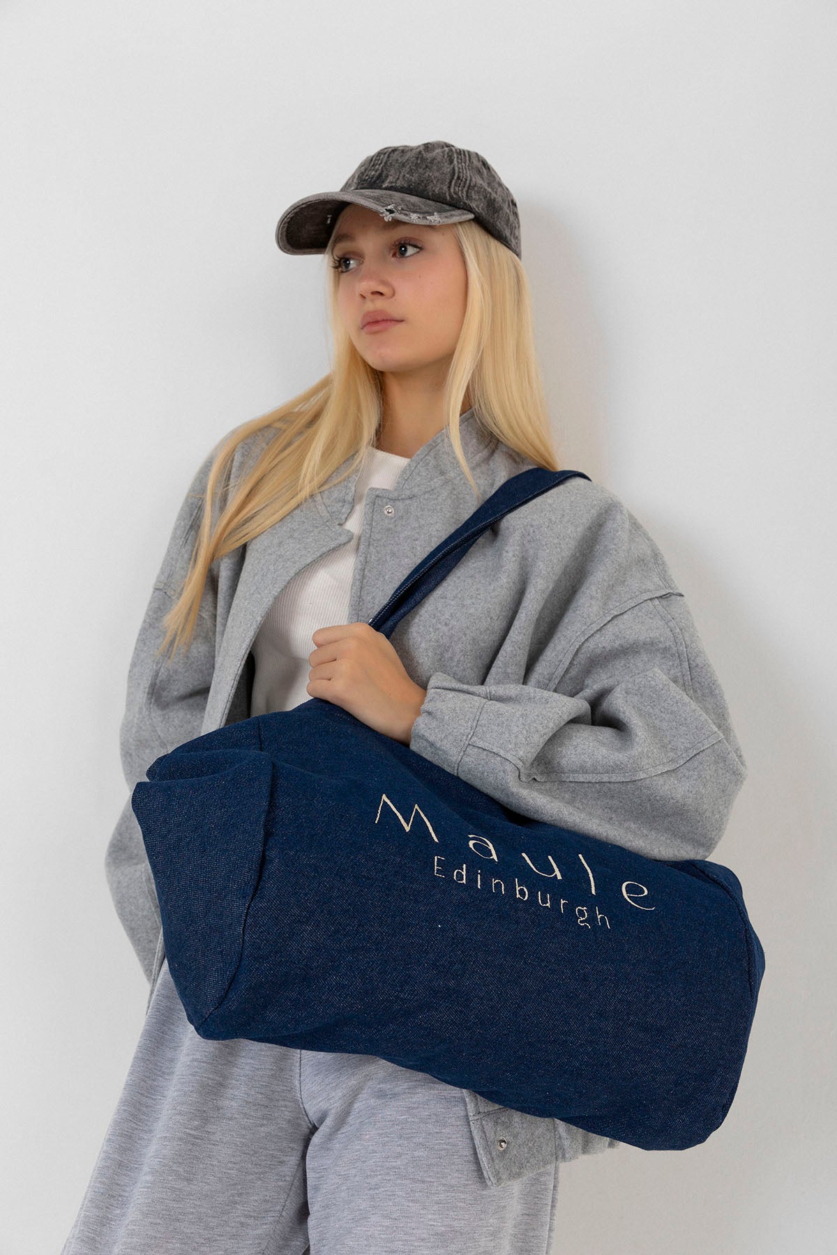 Maule Nakış Detaylı Ortaboy %100 Pamuk İndigo Kadın Omuz Çantası Tote Bag