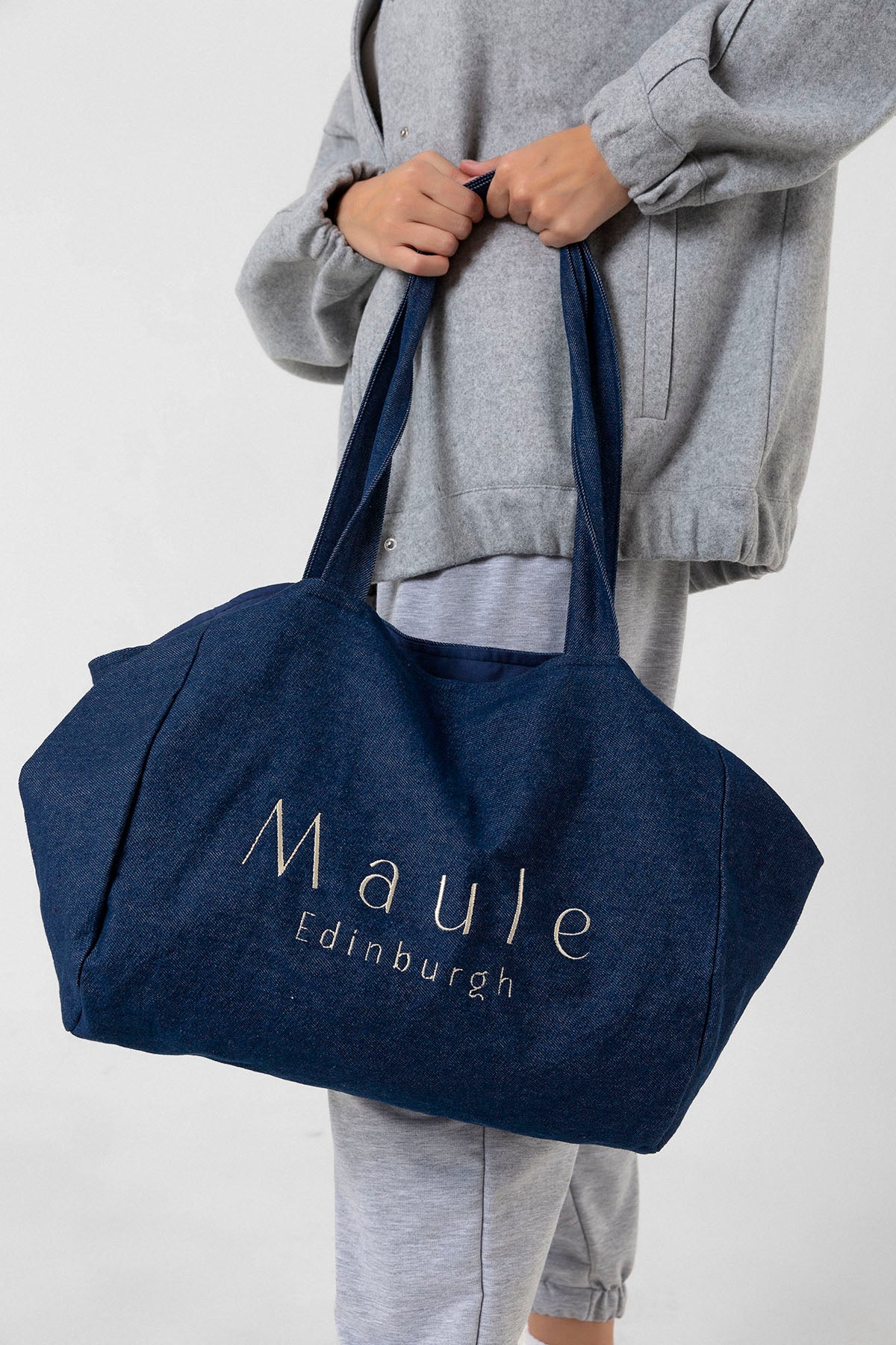 Maule Nakış Detaylı Ortaboy %100 Pamuk İndigo Kadın Omuz Çantası Tote Bag