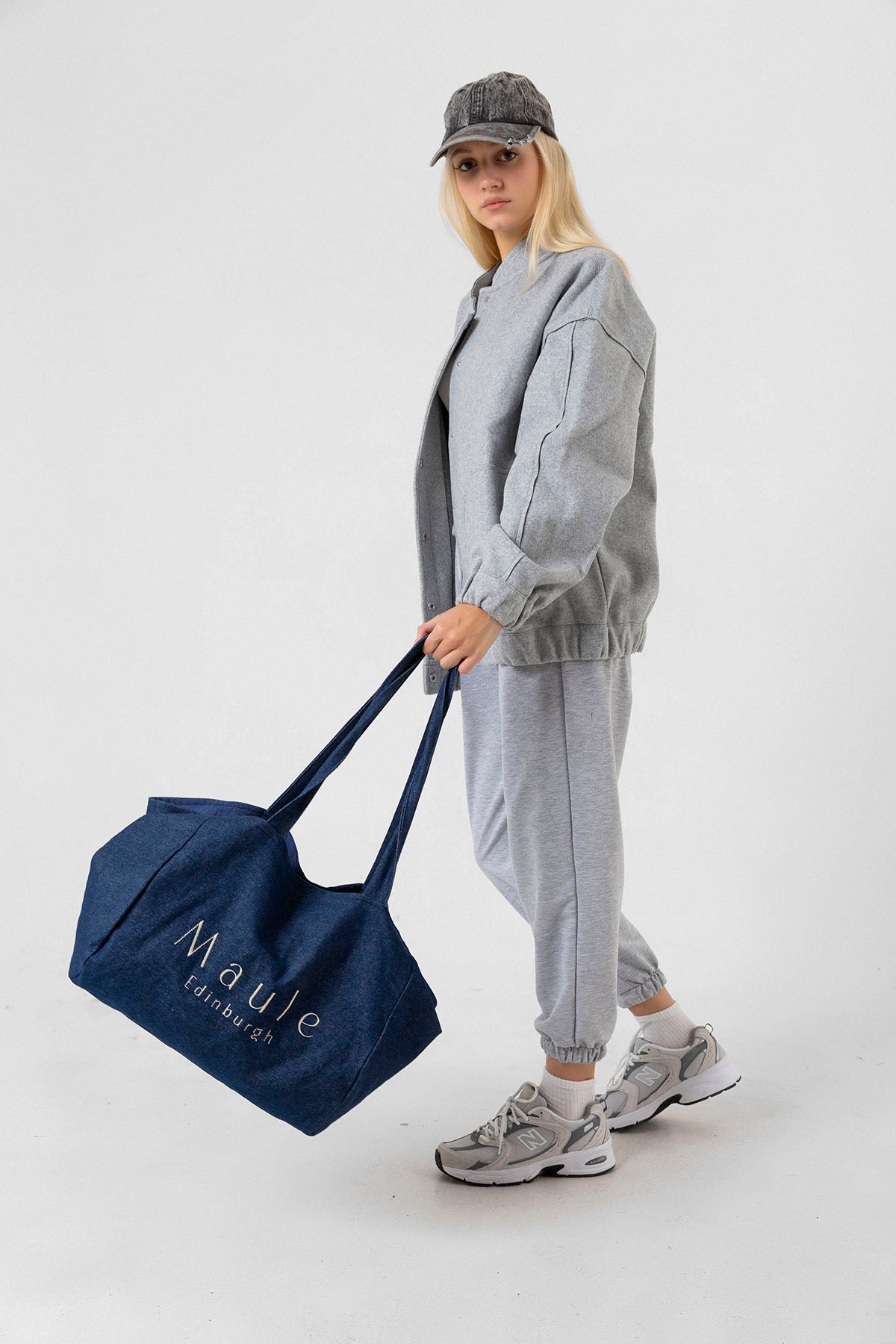 Maule Nakış Detaylı Ortaboy %100 Pamuk İndigo Kadın Omuz Çantası Tote Bag
