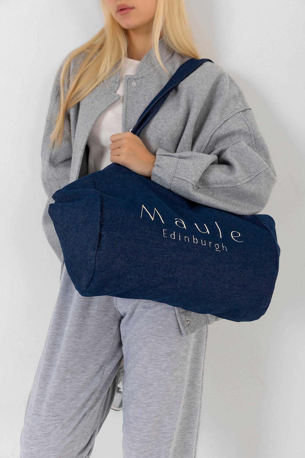 Maule Nakış Detaylı Ortaboy %100 Pamuk İndigo Kadın Omuz Çantası Tote Bag