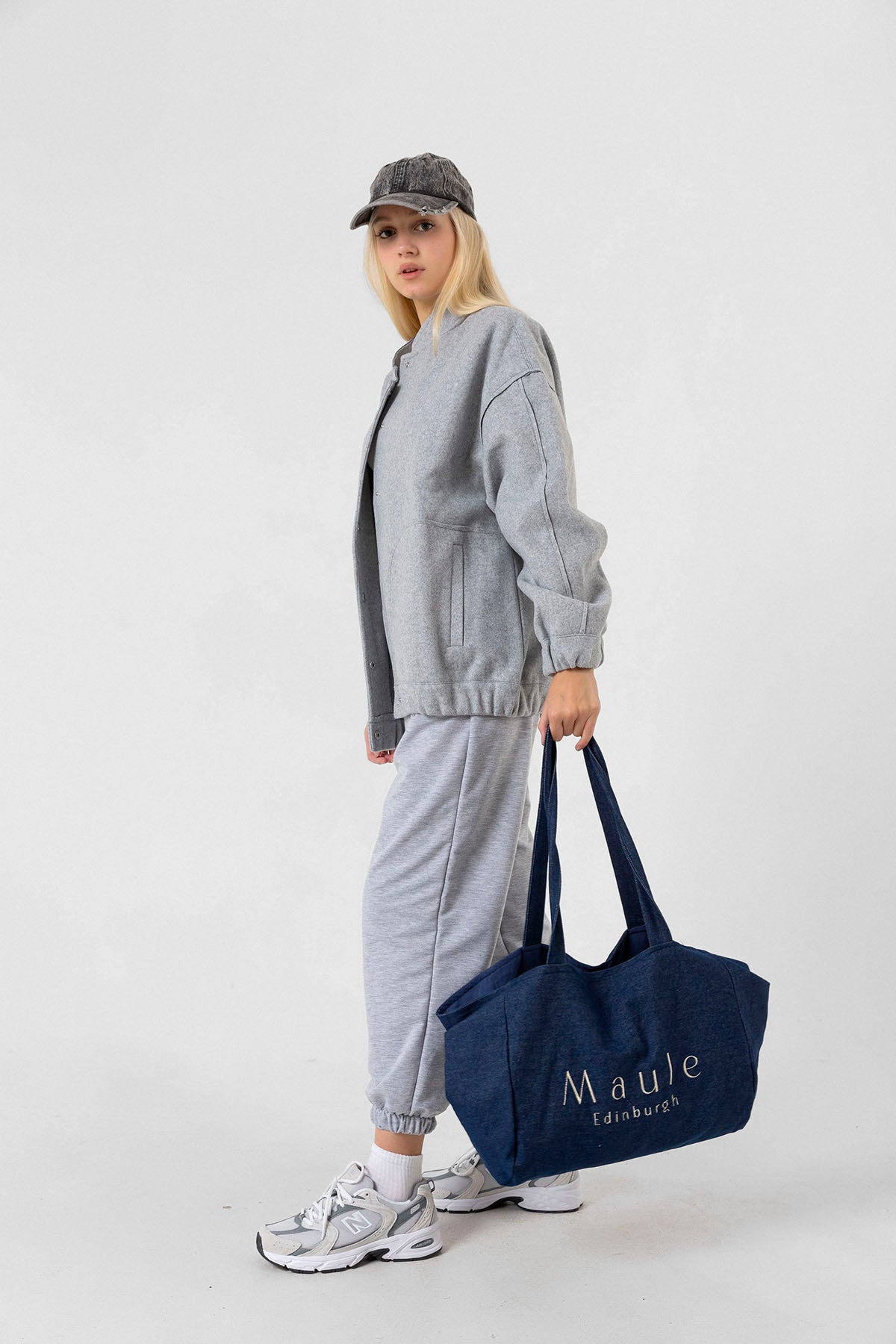 Maule Nakış Detaylı Ortaboy %100 Pamuk İndigo Kadın Omuz Çantası Tote Bag