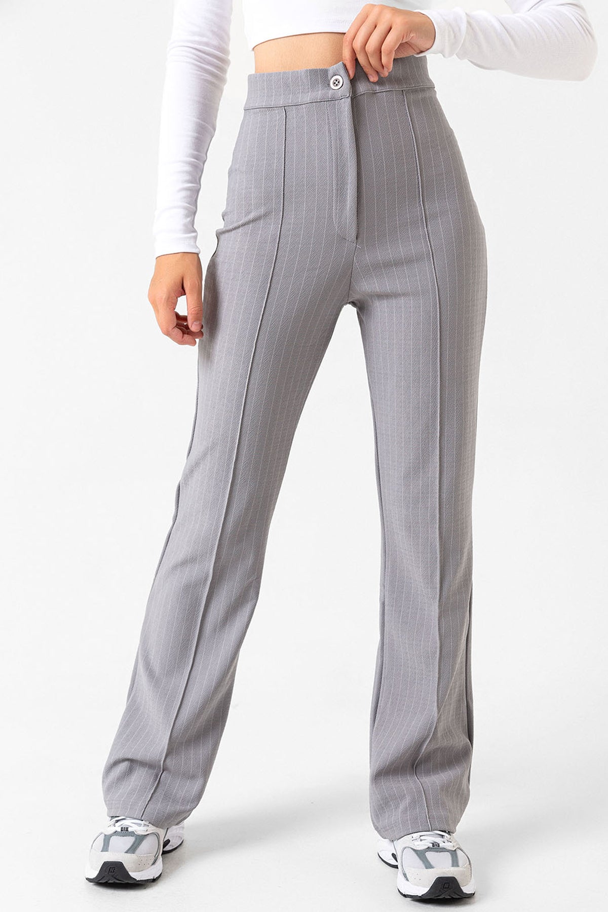 Pin Stripe city pantolon ince çizgili nervür detaylı fermuarlı örme kadın pantolon